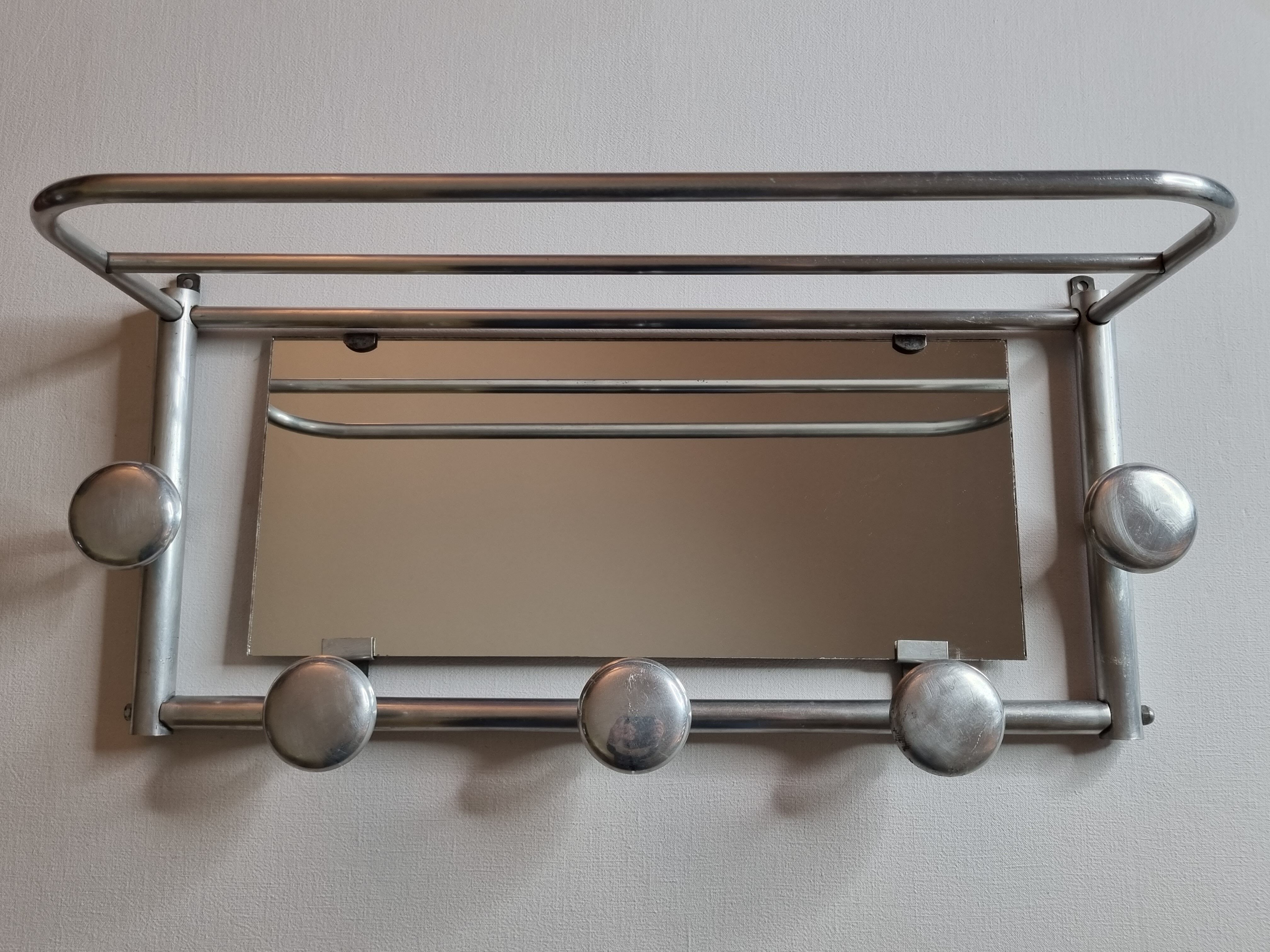 Aluminum wall coat rack with mirror, 5 hooks and a hat holder, 50s