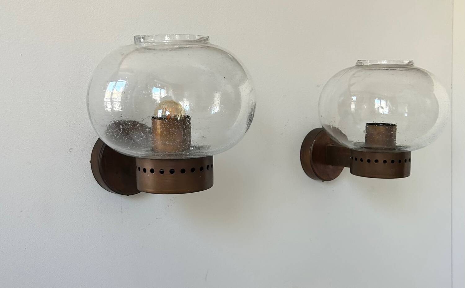 Pair of vintage wall lights, copper and bubbled glass, BEGA Germany 1970