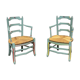 Pair of rustic armchairs in beech with straw seats.
