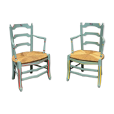 Pair of rustic armchairs in beech with straw seats.