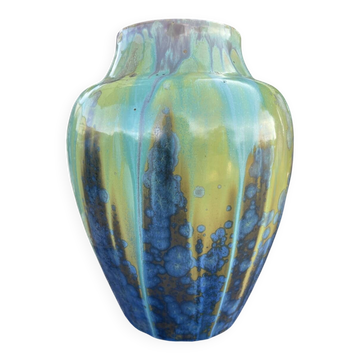 STONEWARE VASE WITH GLAZES AND DRIPS IN COBALT BLUE ANISE PIERREFONDS ART DECO
