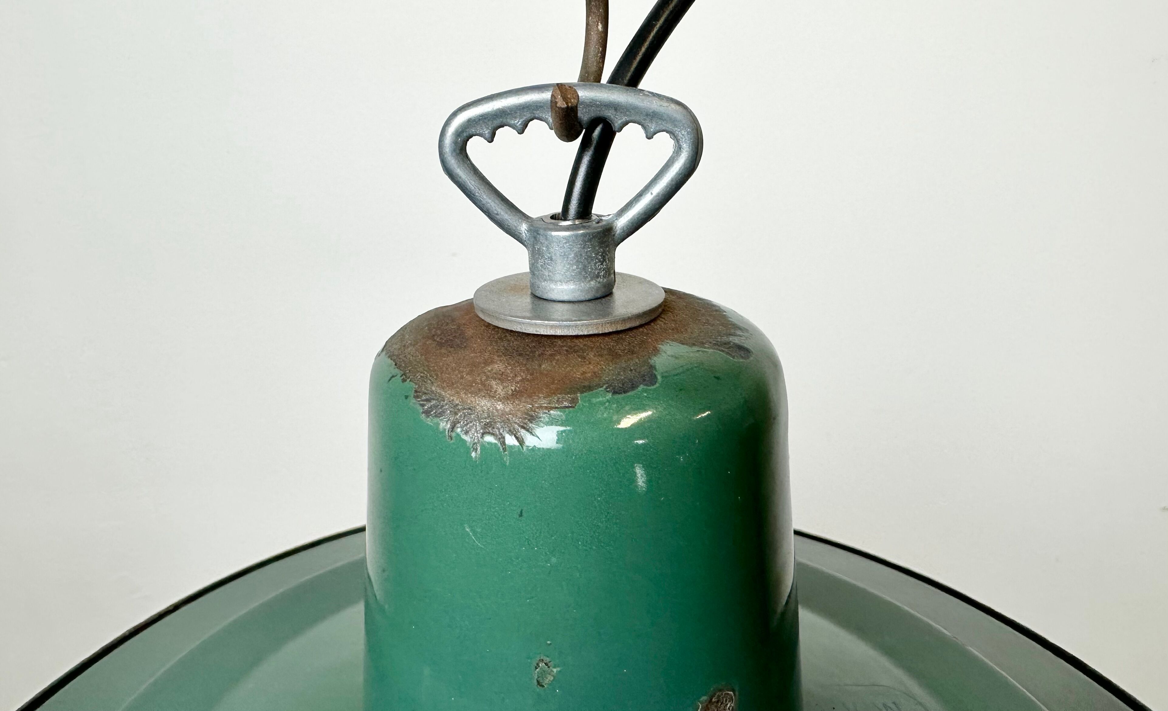 Industrial green enamel cage pendant light, 1960s
