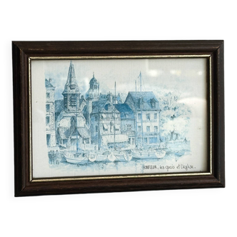 Frame with a blue illustration representing Honfleur.