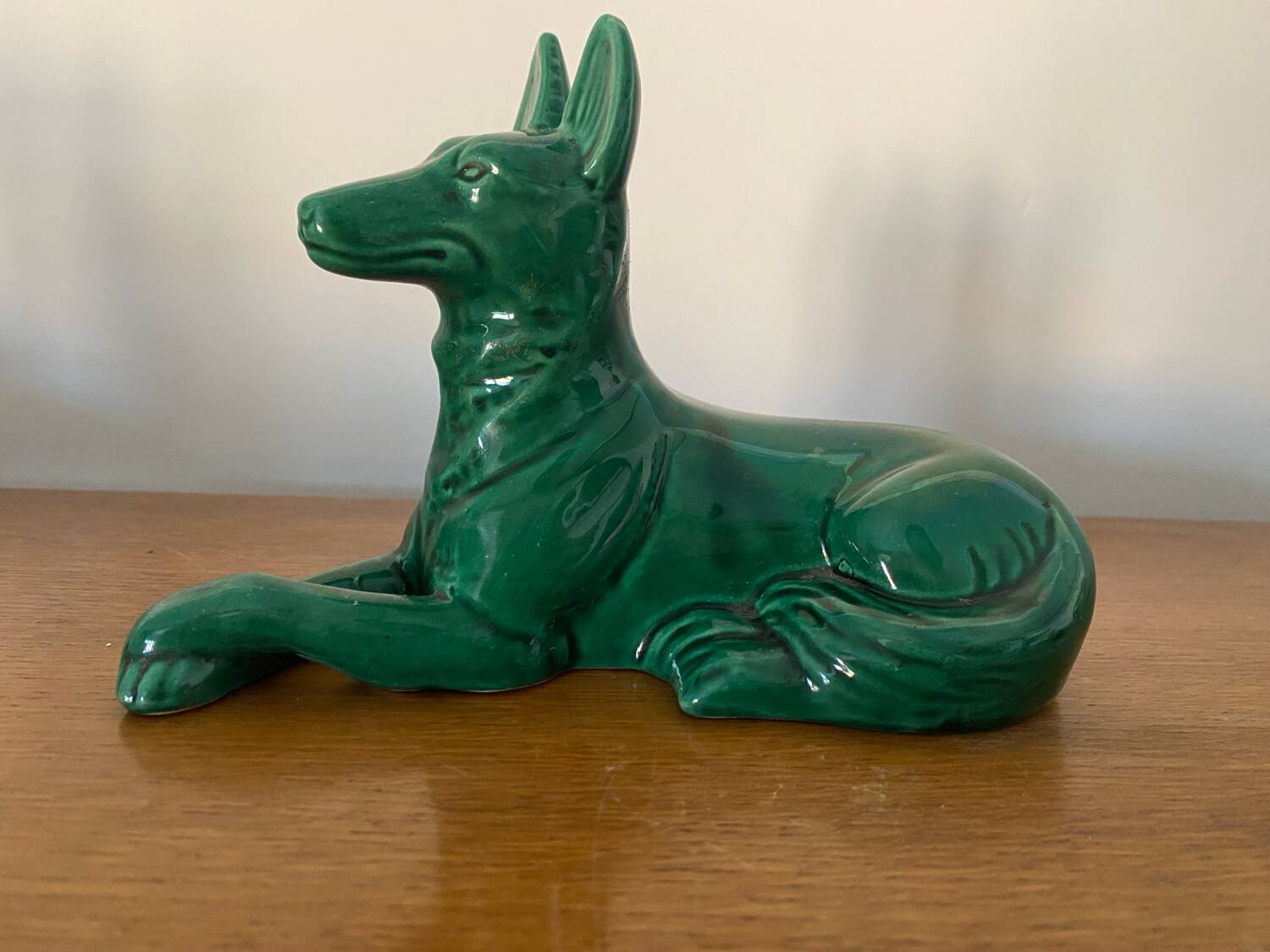 Antique St Clement German Shepherd Dog Sculpture Green Ceramic #C134