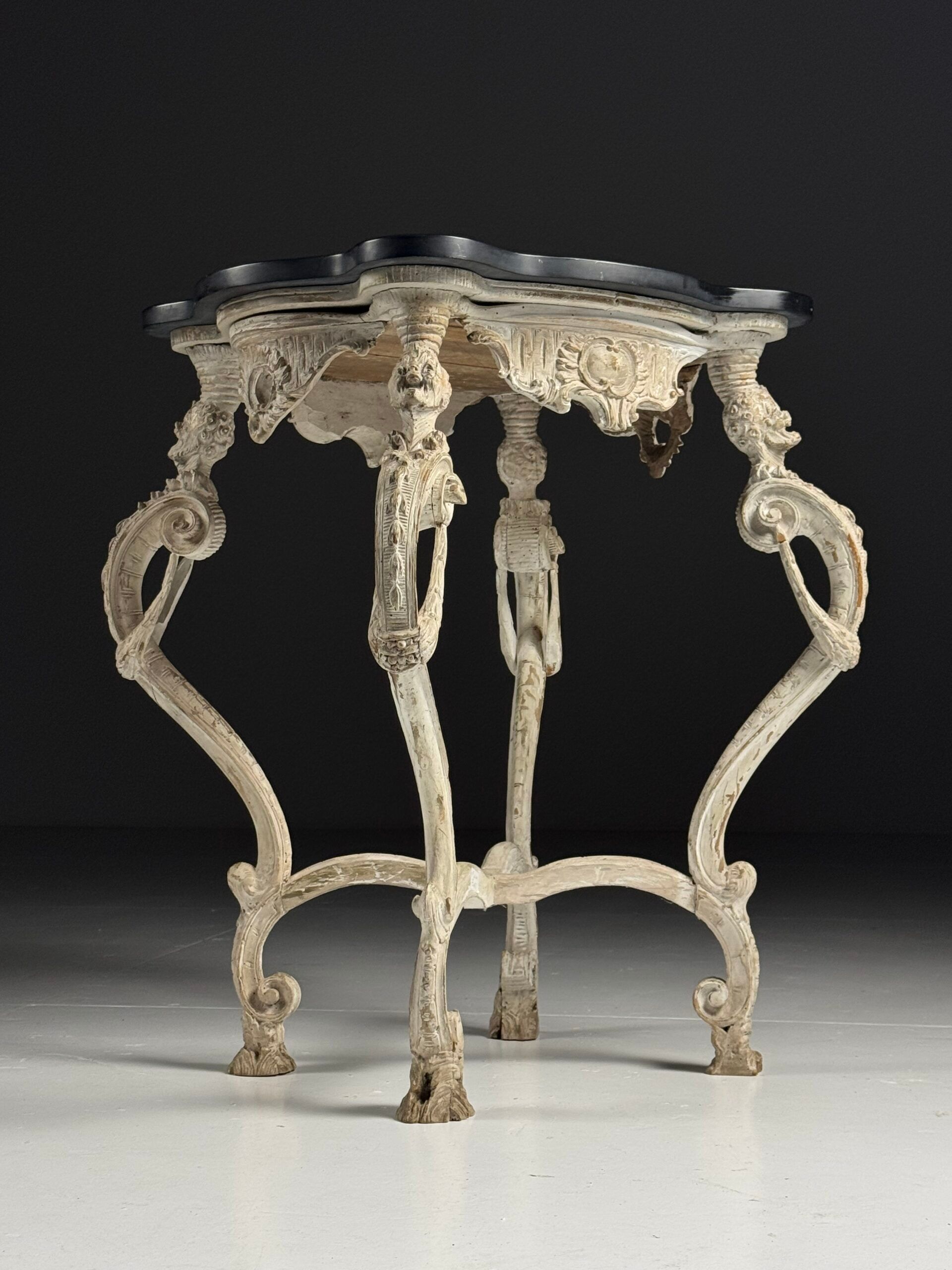 French side table hand-carved wood with marble top
