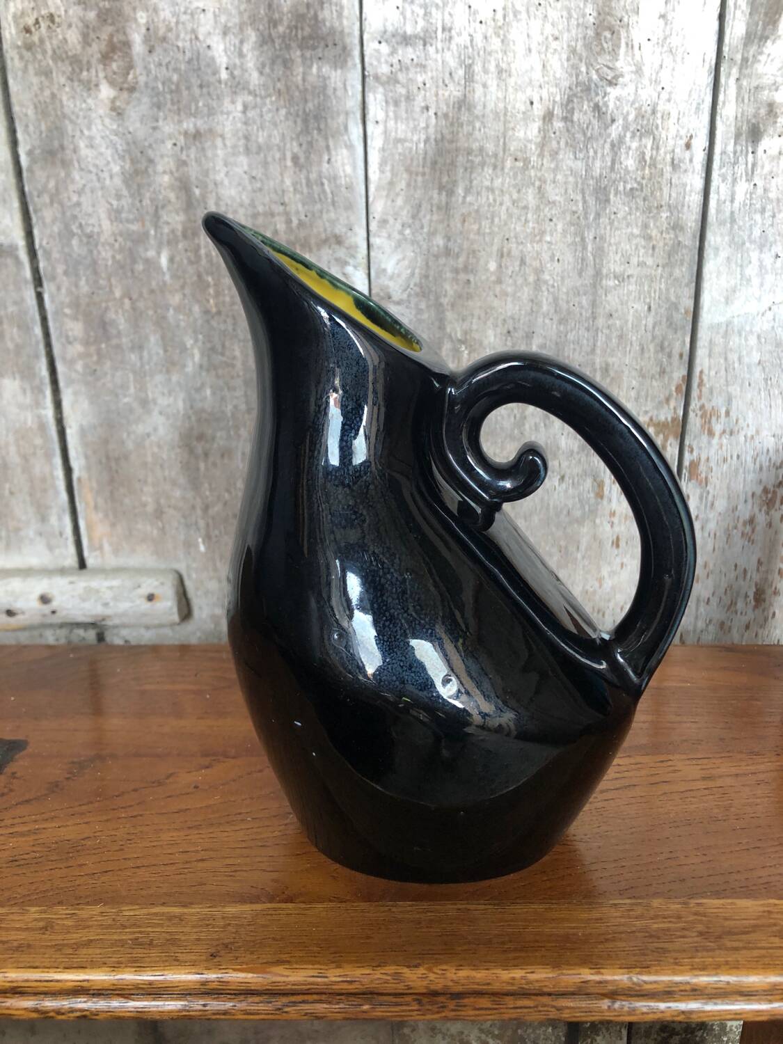 Old Black Enameled Porcelain Pitcher Blue Reflections Yellow Interior 50's #A759