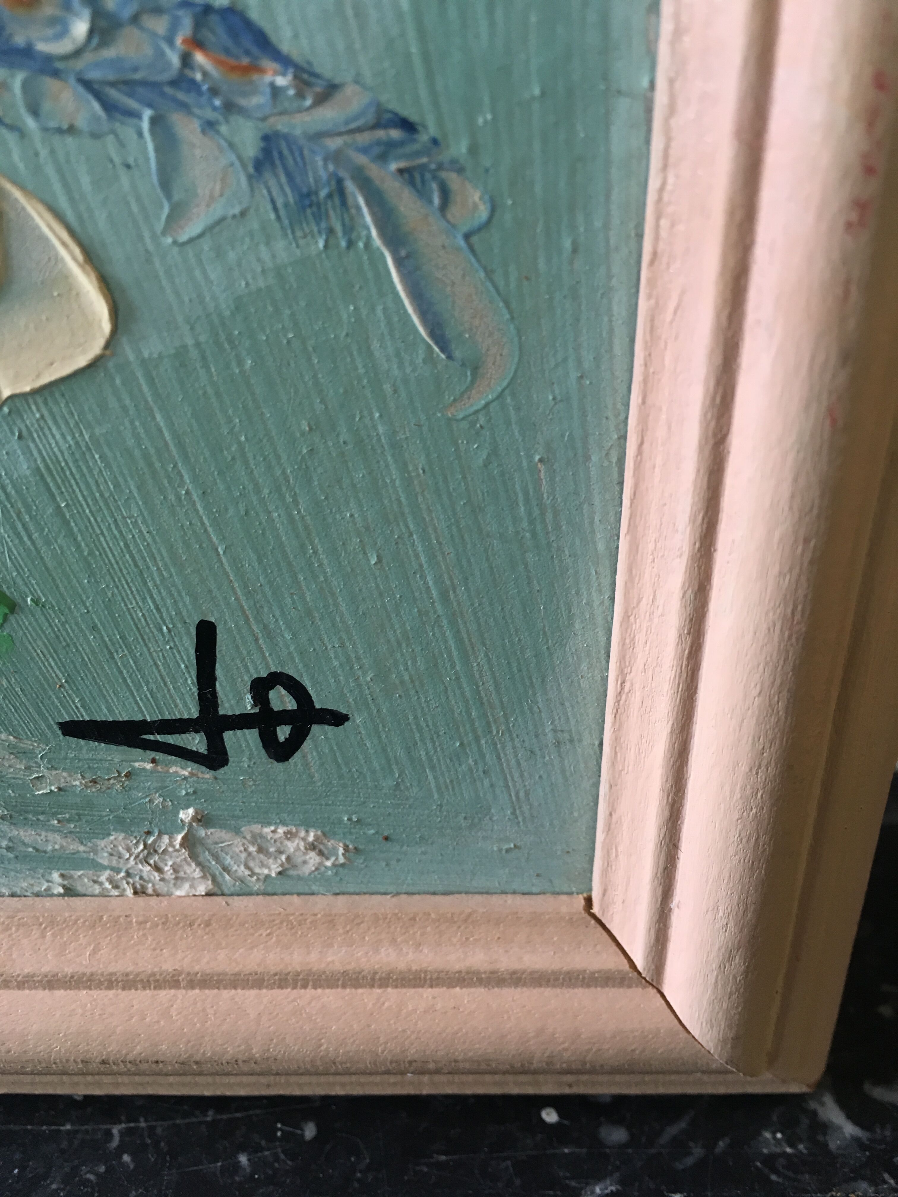 Painting painting in powder pink oil, blue-green