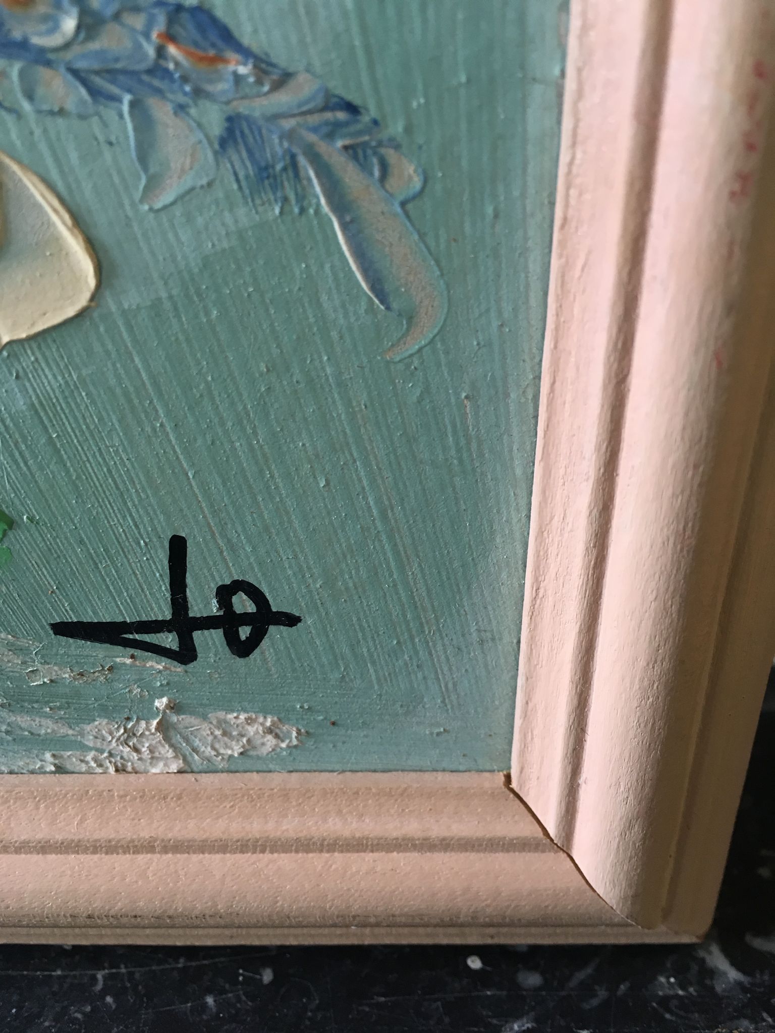 Painting painting in powder pink oil, blue-green