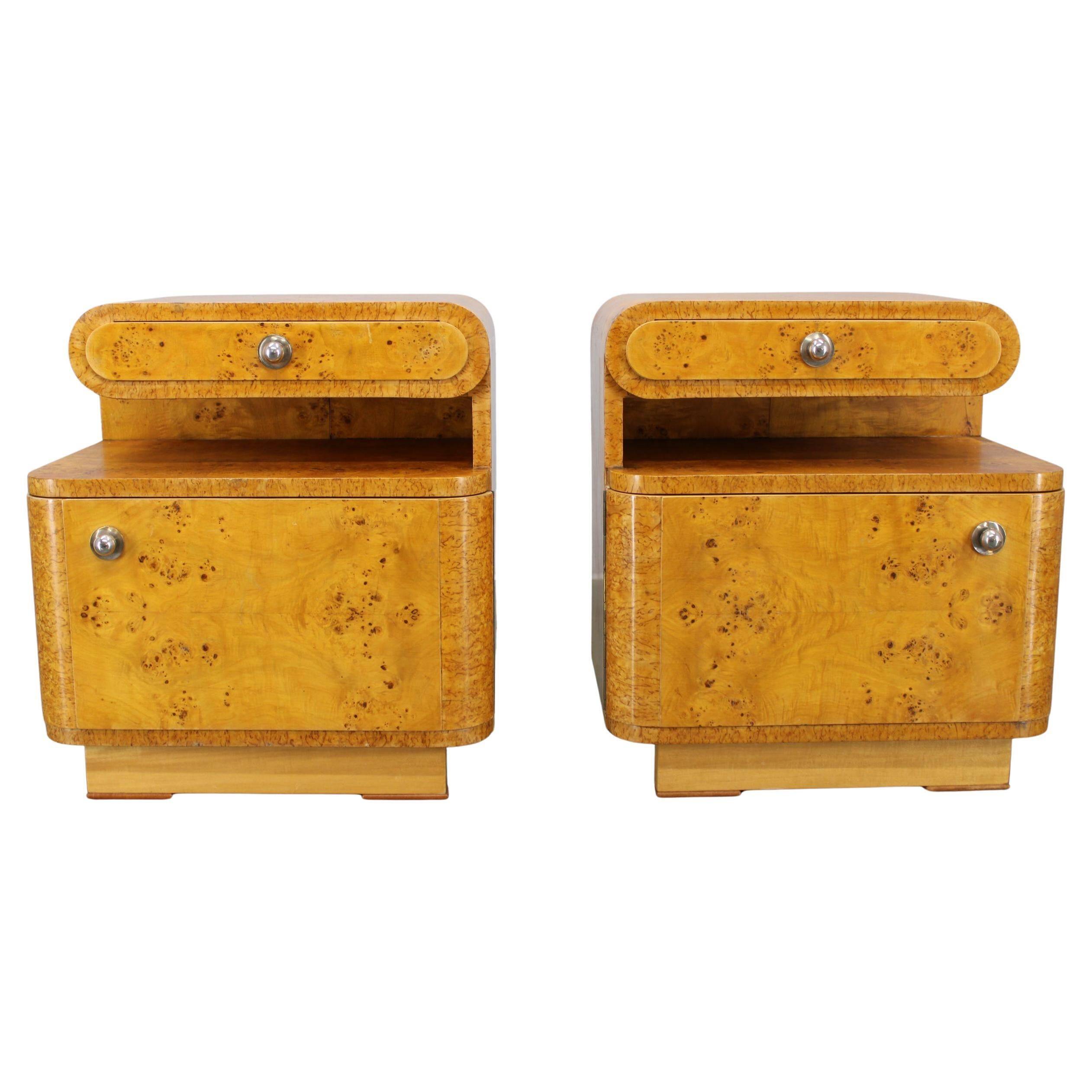 Pair of Art Deco burl wood nightstands, Czechoslovakia, 1940s