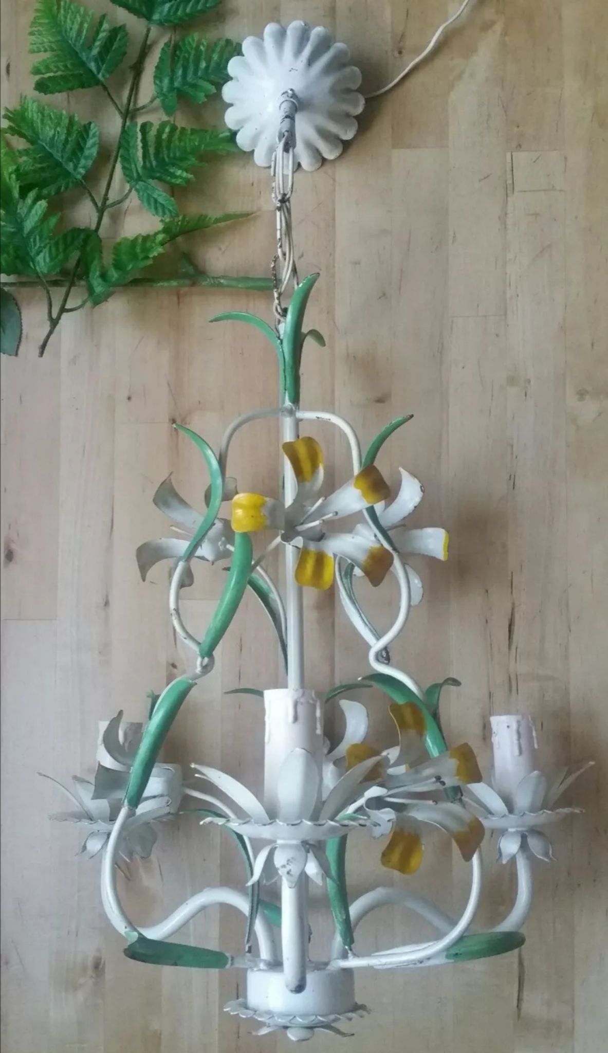 Lustre vintage tôle peinte à fleurs