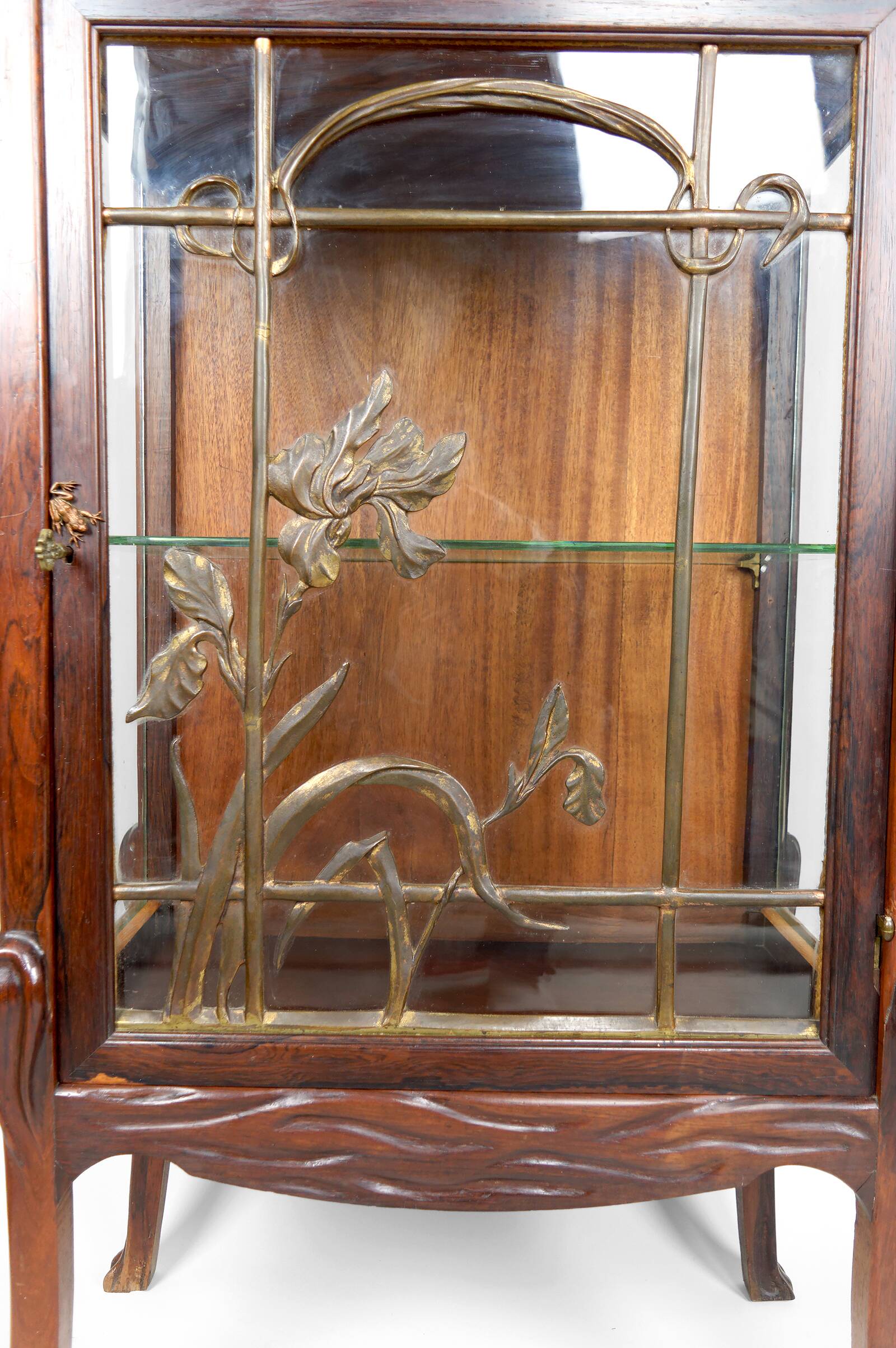 Art Nouveau Display Case, Bronzes and Carved Wood on a Lake Theme, 1900