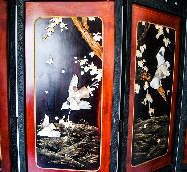 Early 20th century 4 panel room divider folding screen with 3d birds