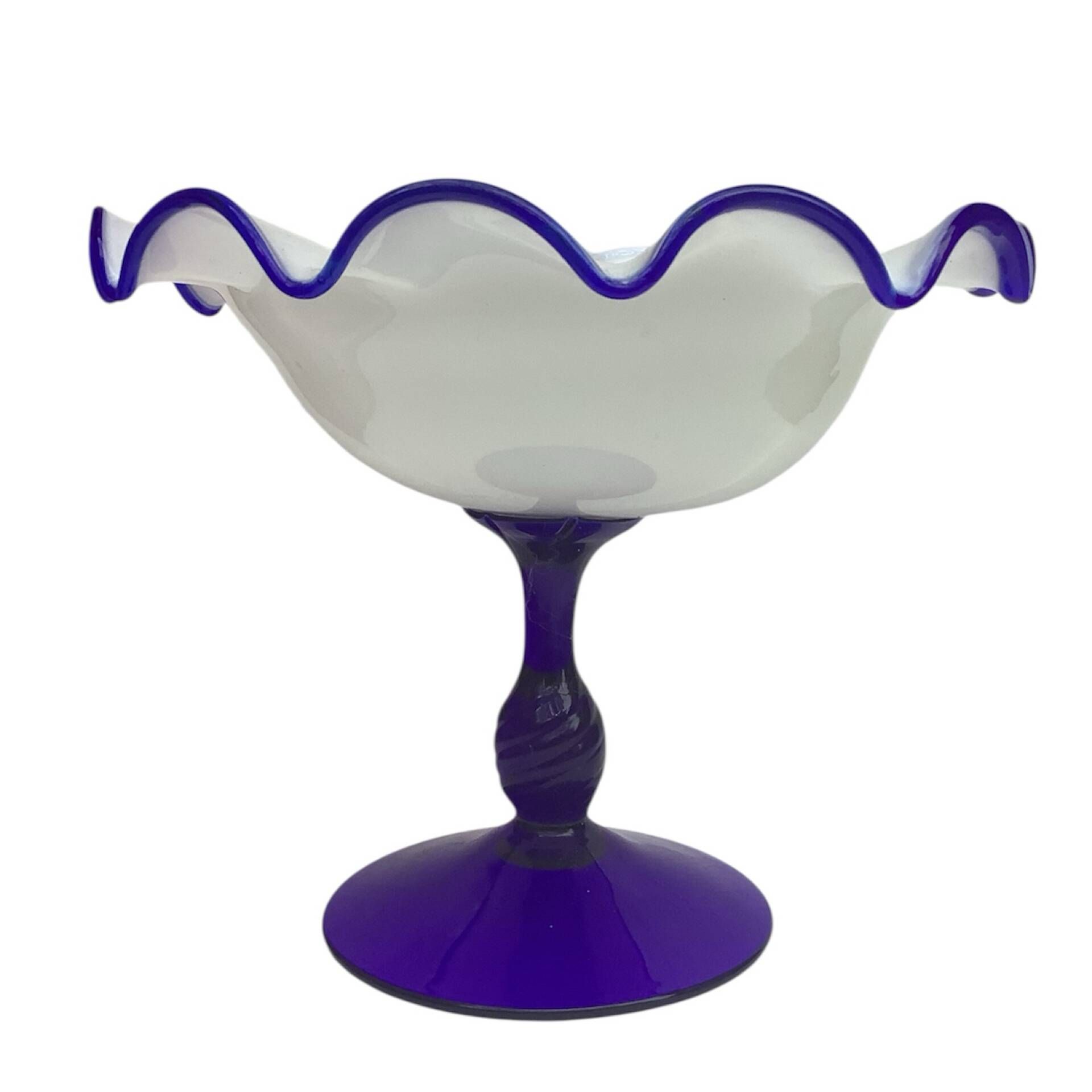 Vintage footed coupe in opaline white and cobalt blue blown glass –
