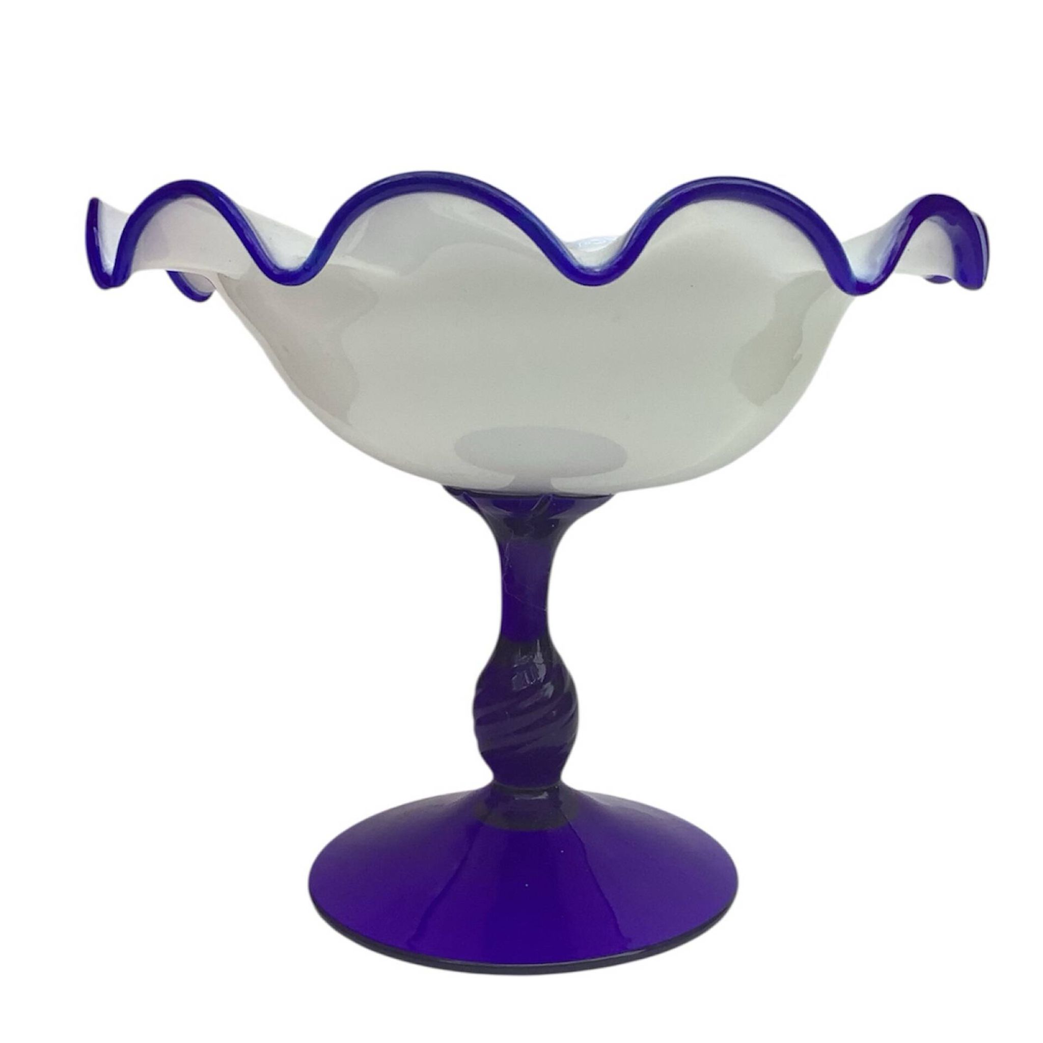 Vintage footed coupe in opaline white and cobalt blue blown glass –