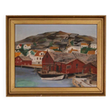 Huile sur panneau suédoise originale du milieu du siècle – ville côtière