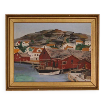 Huile sur panneau suédoise originale du milieu du siècle – ville côtière