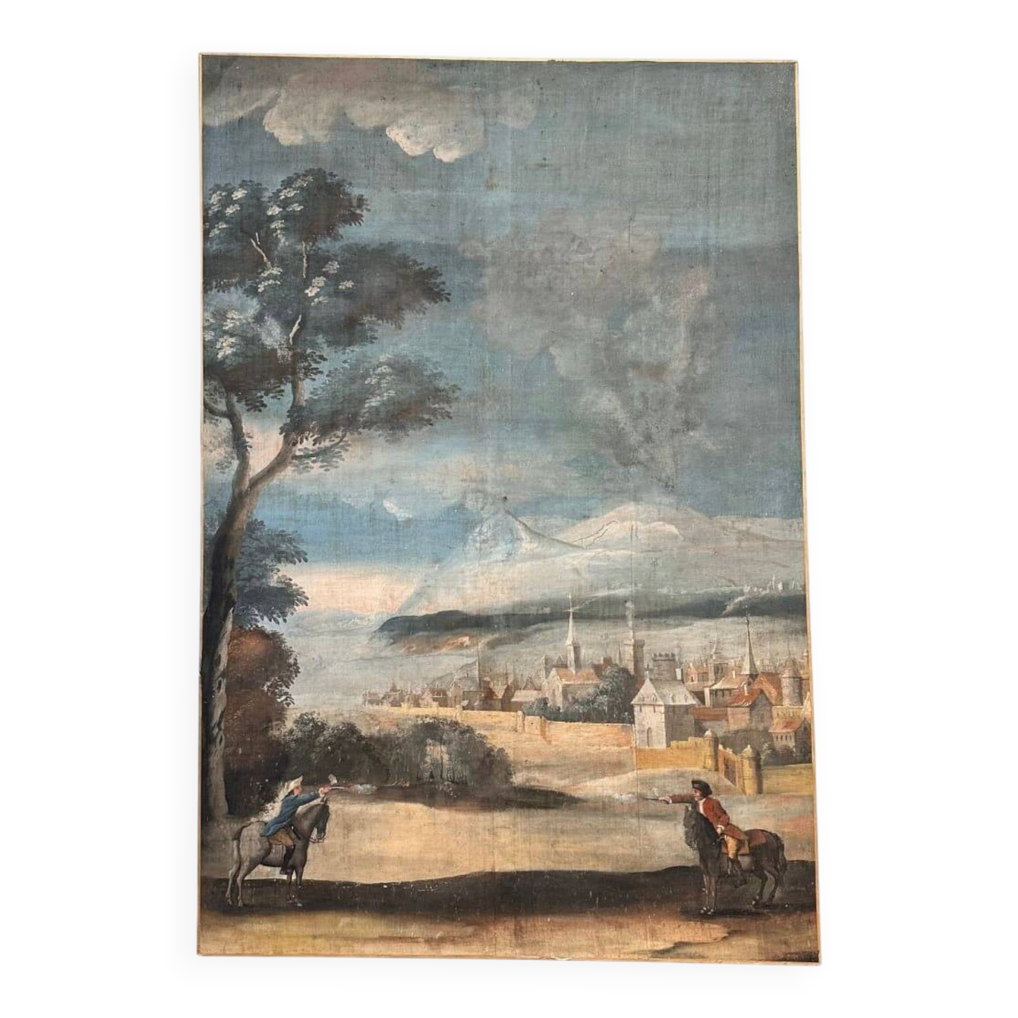 Watercolour on linen "Duel of Knights", French school, 18th century – France