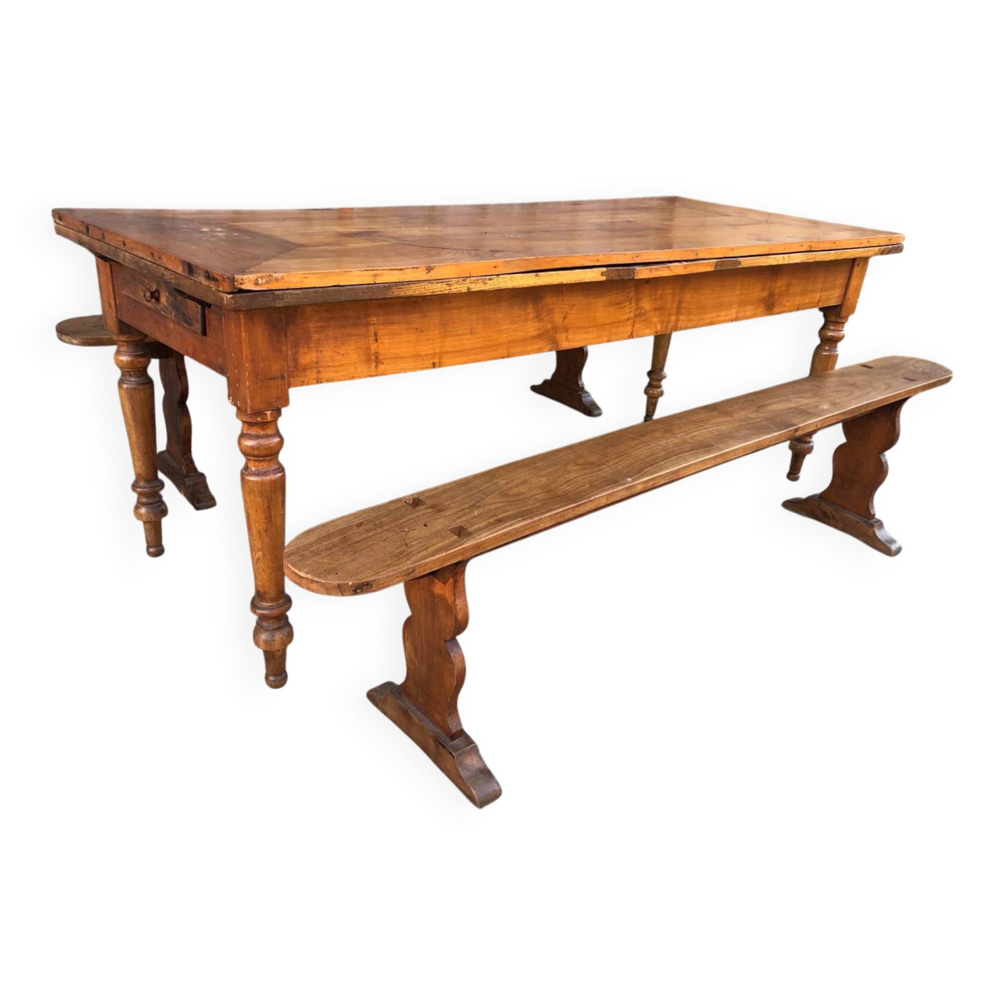 Antique farmhouse table in solid cherry wood with its 2 benches