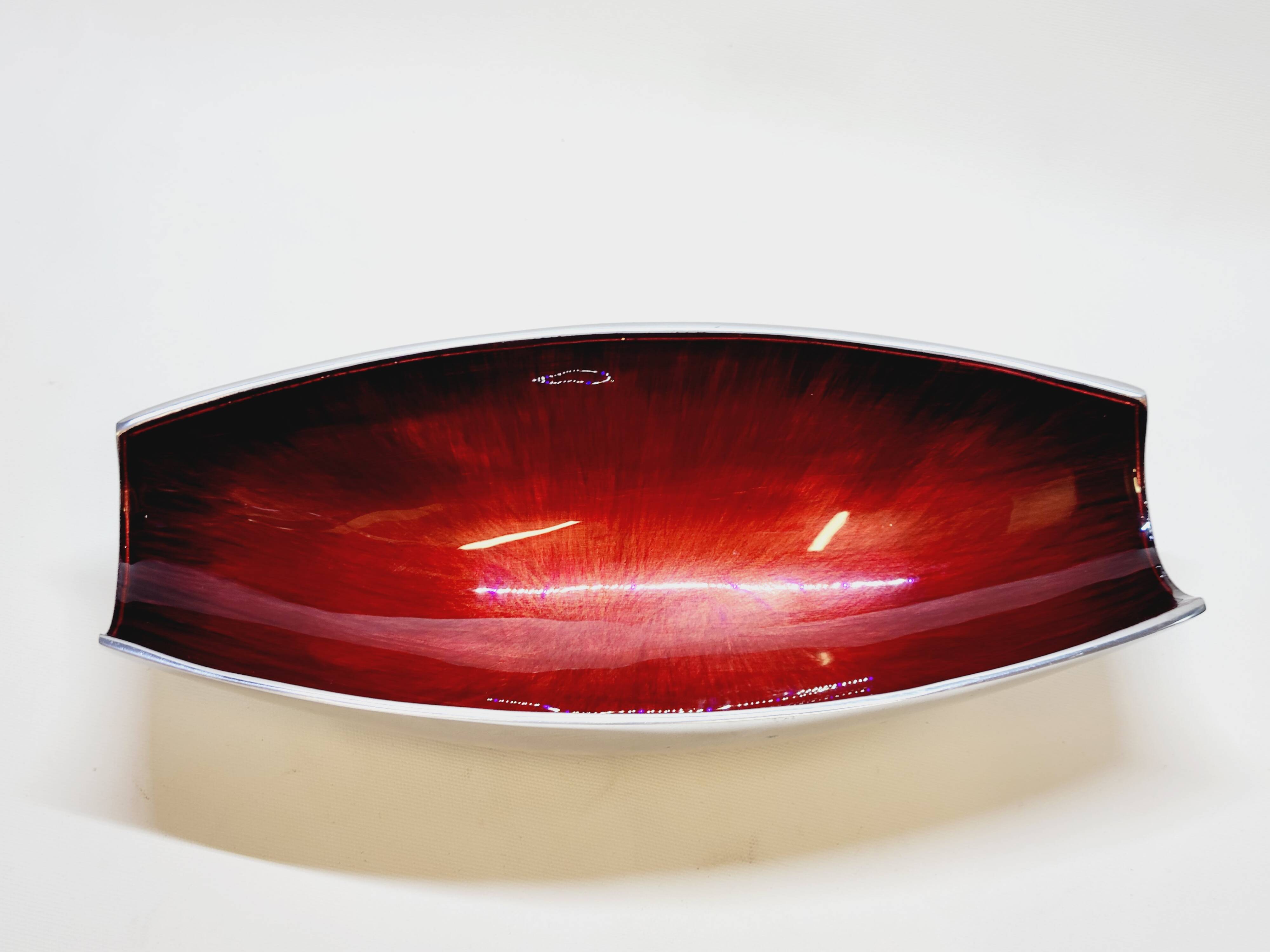 Designer bowl centerpiece in iridescent red enameled metal