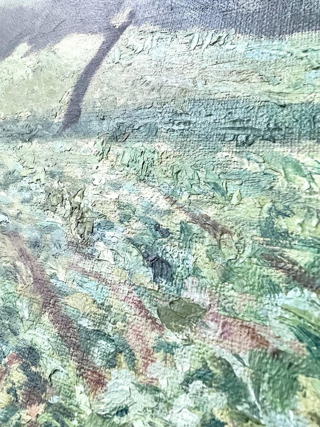 Oil on canvas countryside landscape under a stormy sky