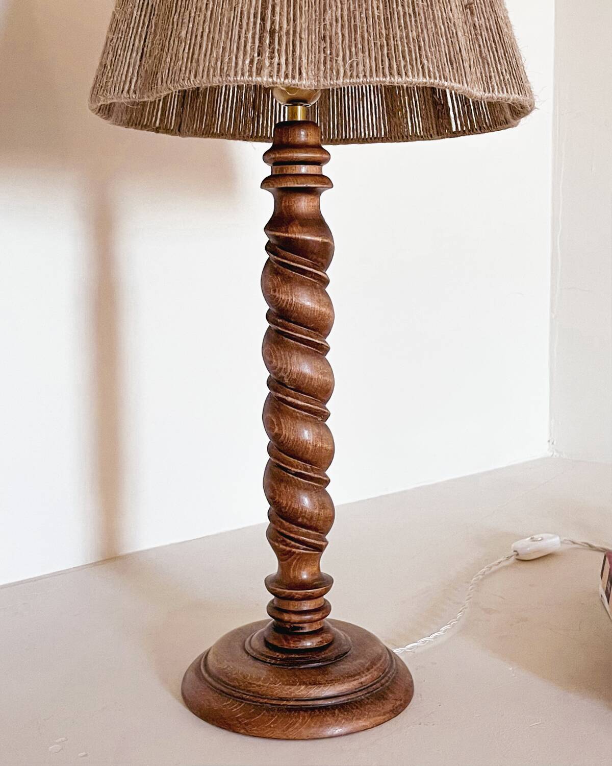 Turned wood lamp and jute lampshade
