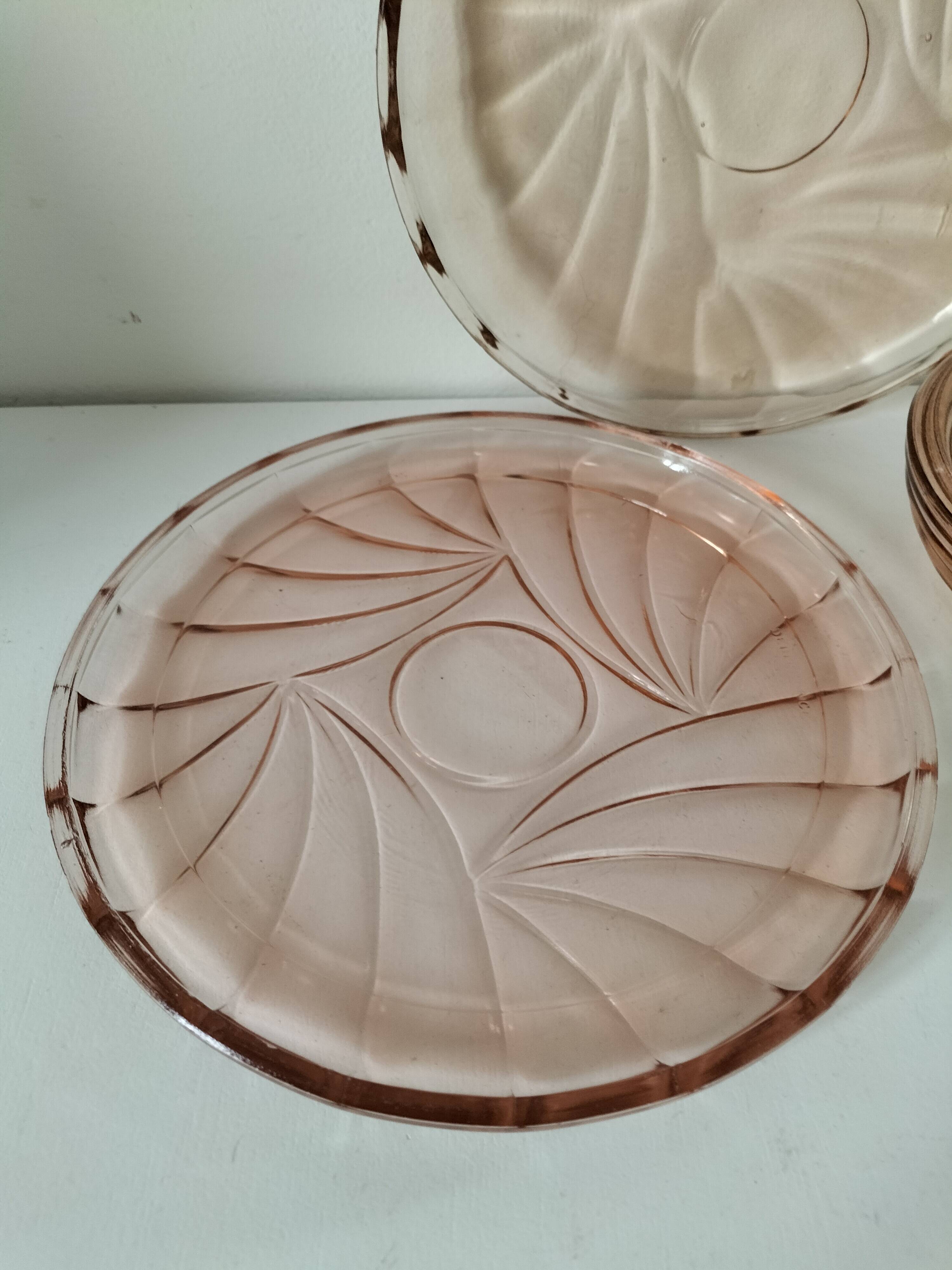 Orange-pink pressed glass trio