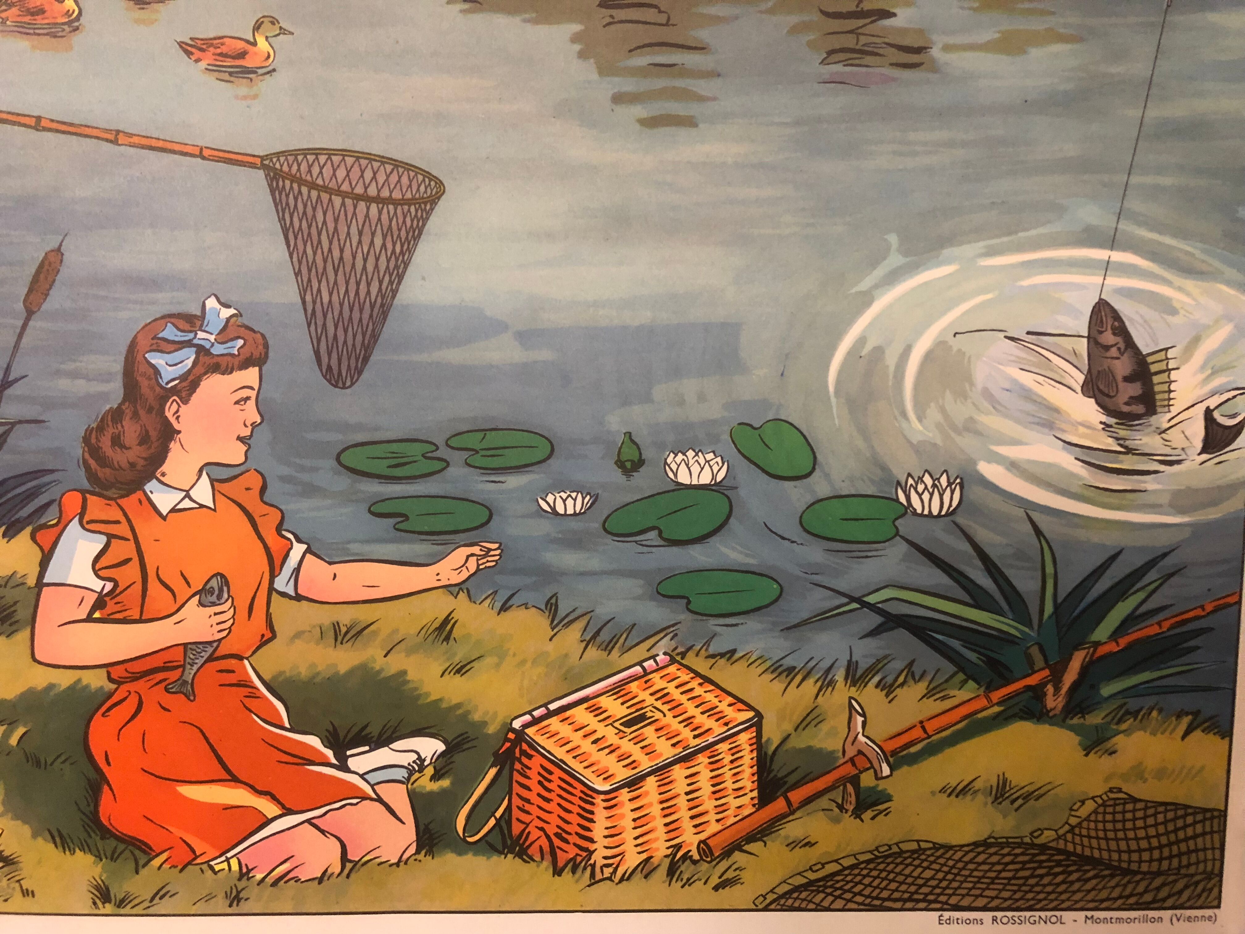 Affiche d’école vintage la moisson et la rivière en été