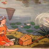 Displays school vintage harvest and the river in summer