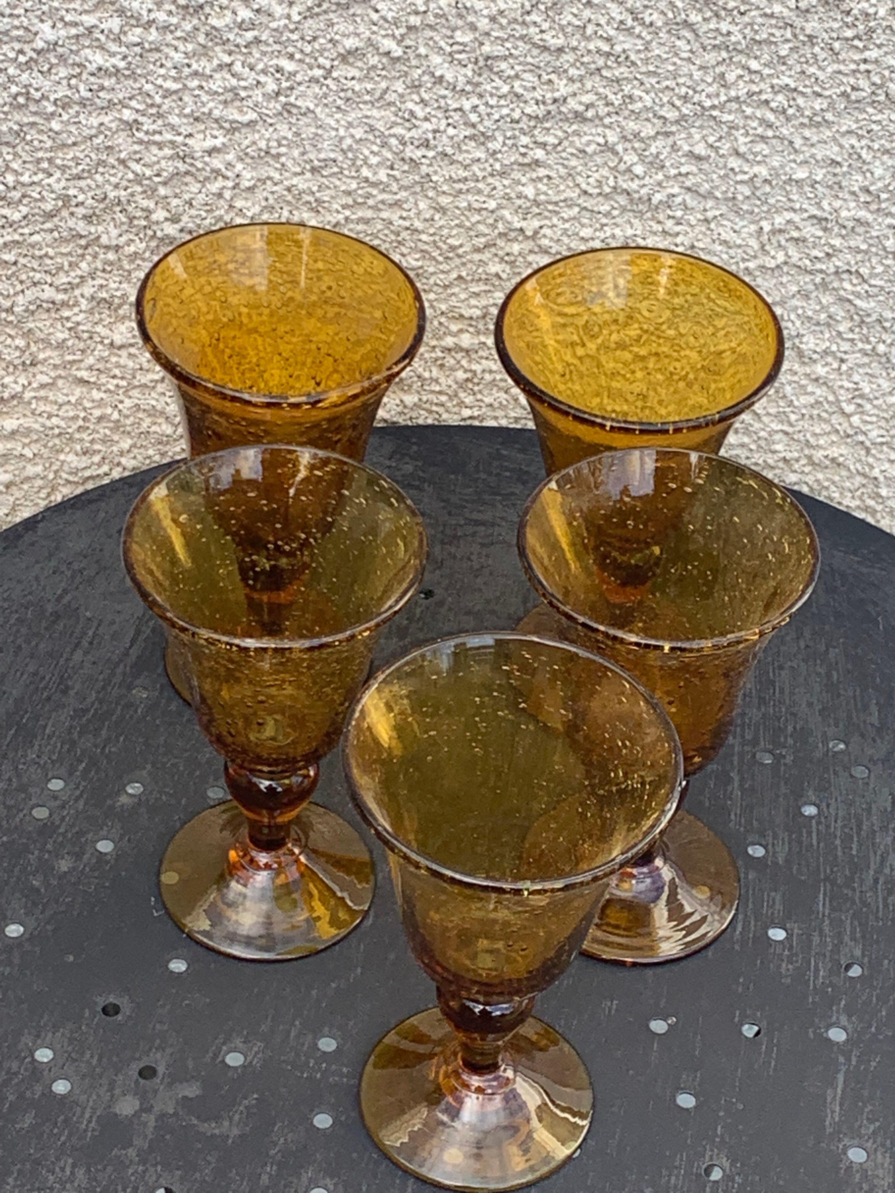 5 ocher blown glass wine glasses from Biot vintage glassworks