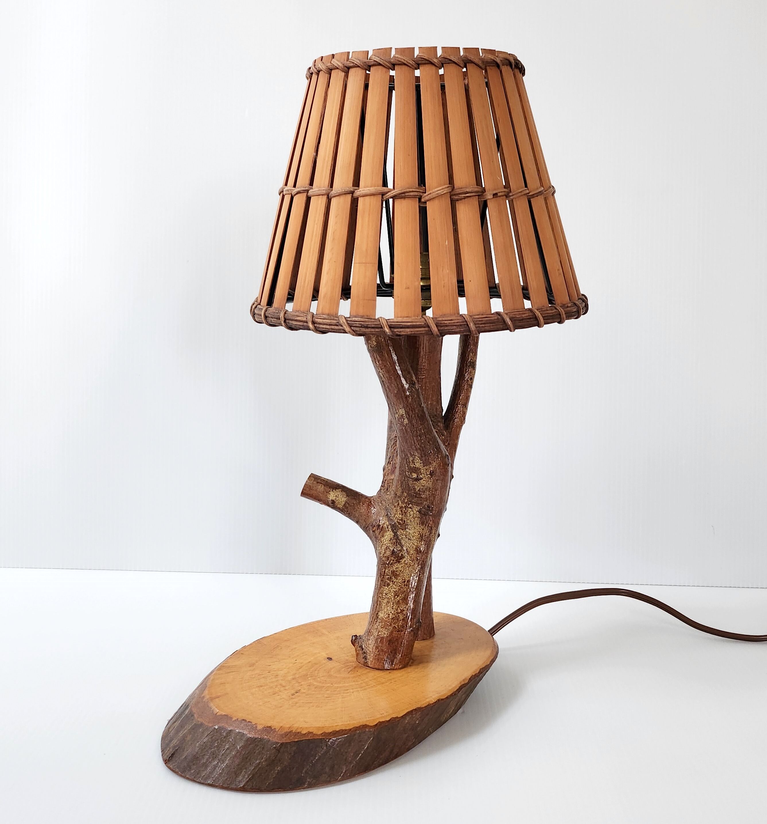 Vintage lamp wood & rattan 1950