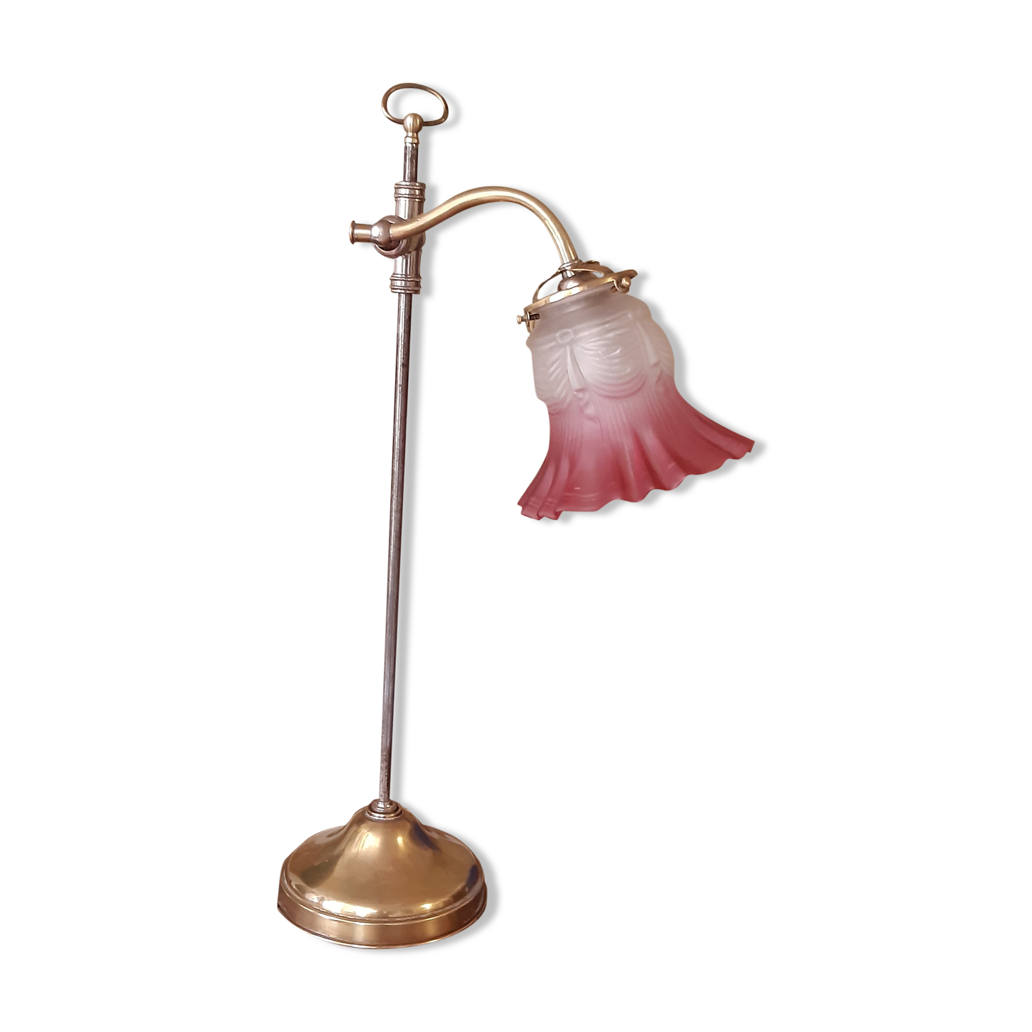 Old lamp to lay in gilded brass, arms collar of articulated swan