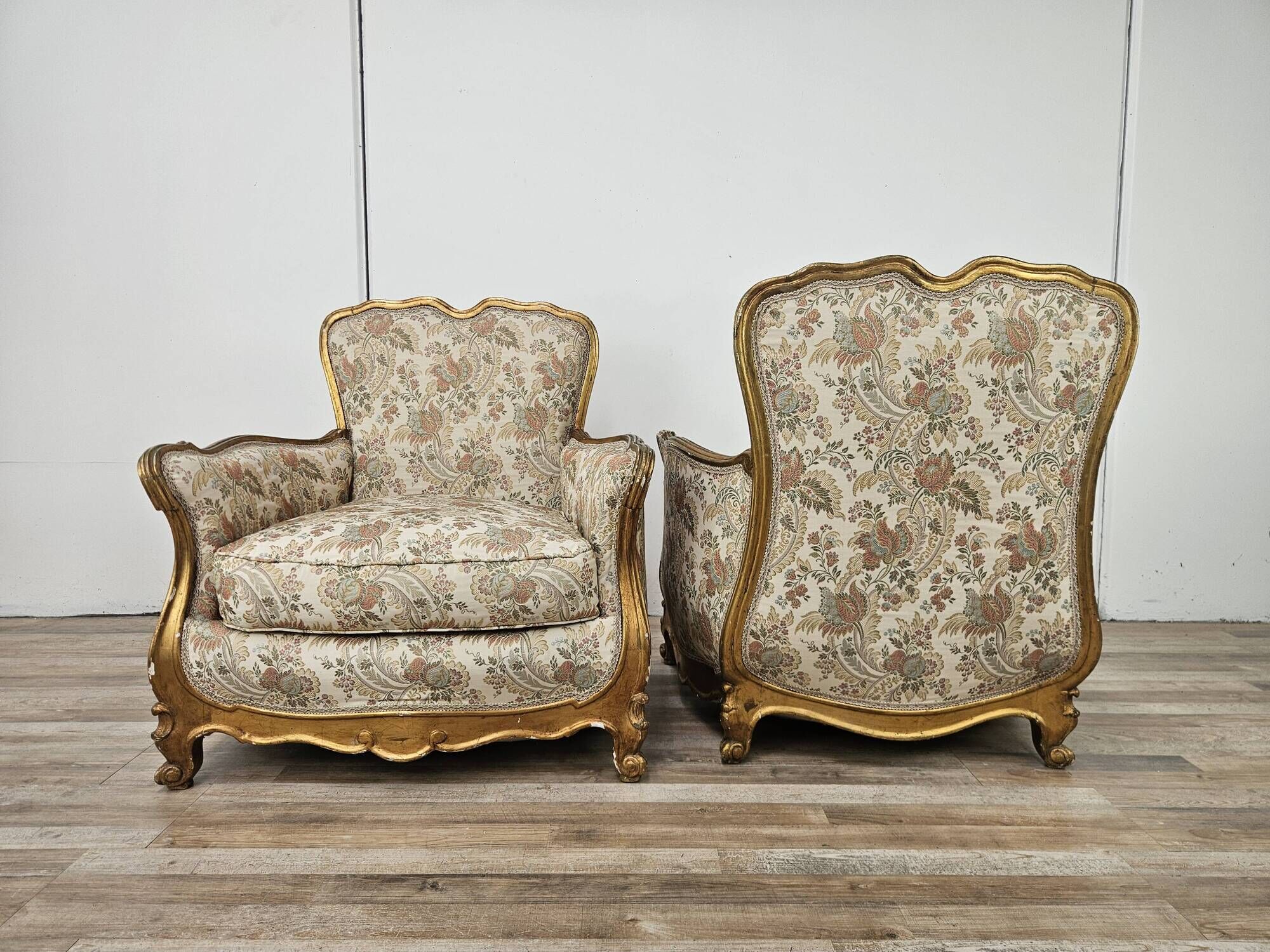20th Century Italian Baroque Style Bergère Armchairs in Carved and Gilded W