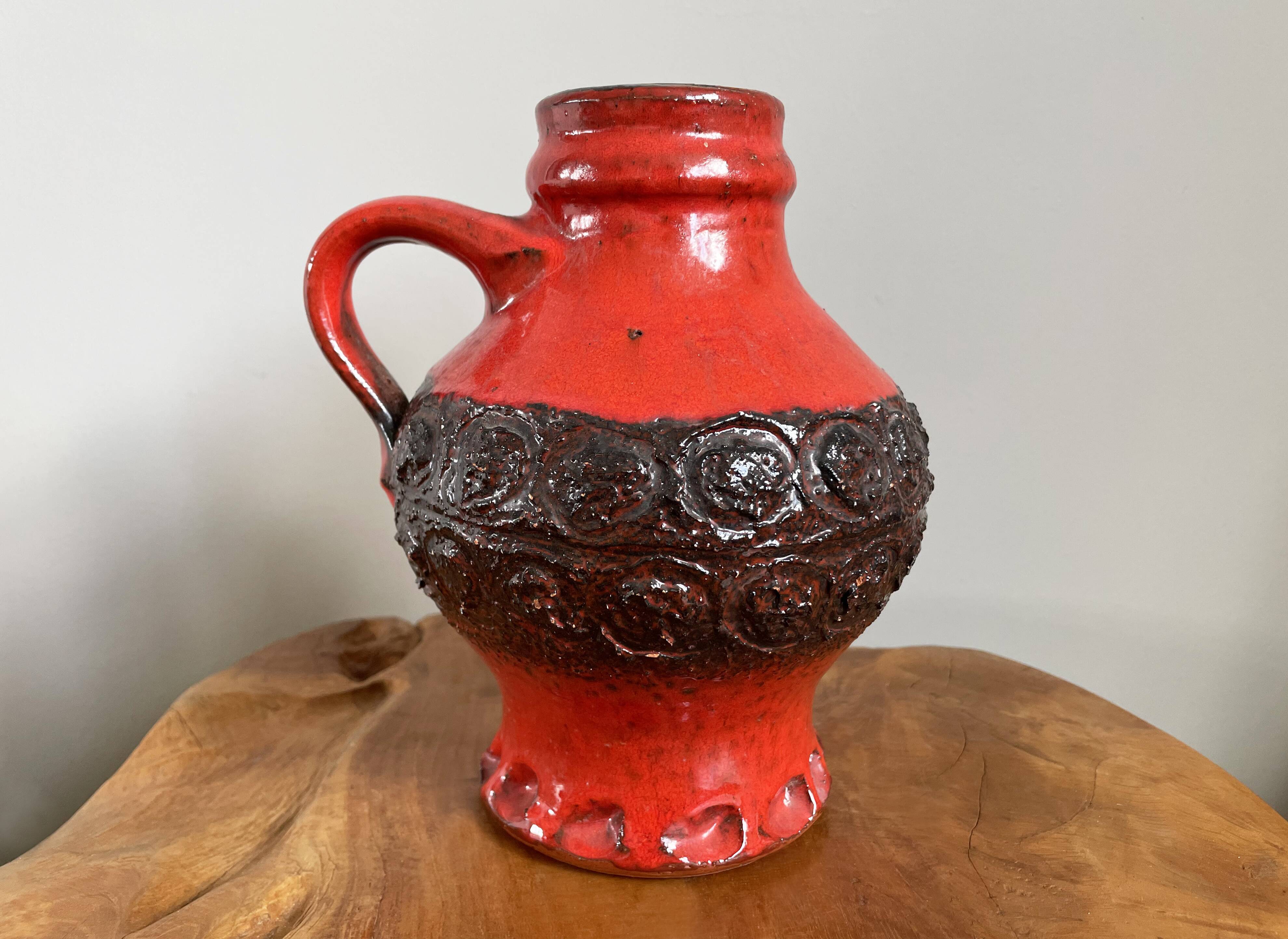 Bright Red and Black Ceramic Vase, Heavy Jug in Mid-Century Style, West German Pottery