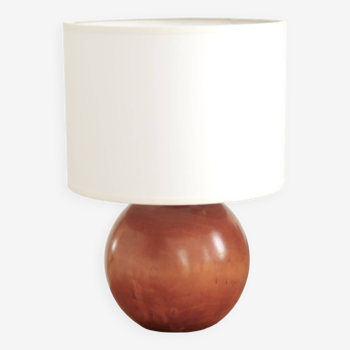 Lampe boule en bois, abat jour blanc, années 70