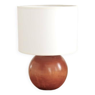 Lampe boule en bois, abat jour blanc, années 70
