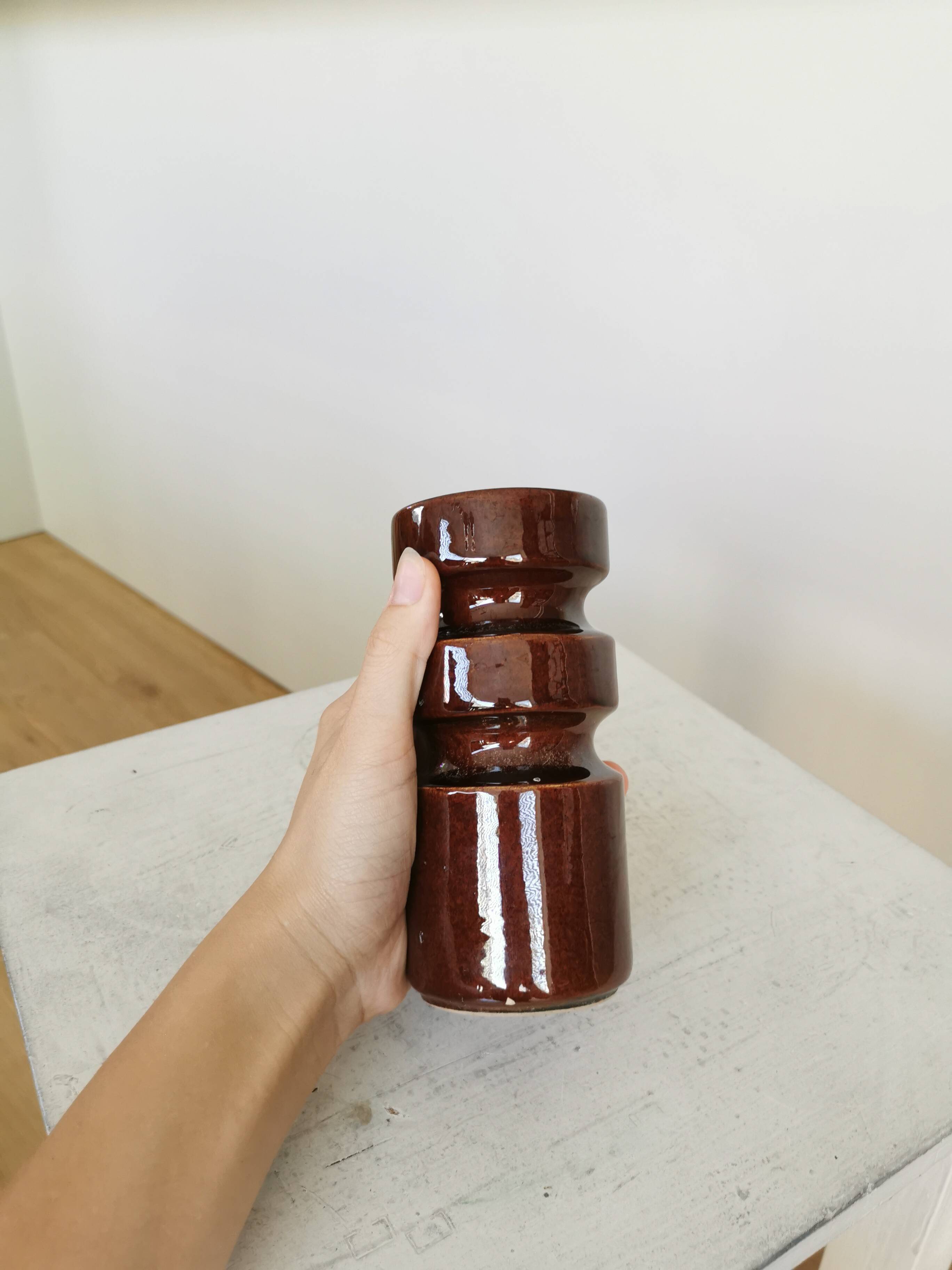 Mid-Century Modern Ceramic Vase: Glossy Brown West German Style, 6.3" Tall