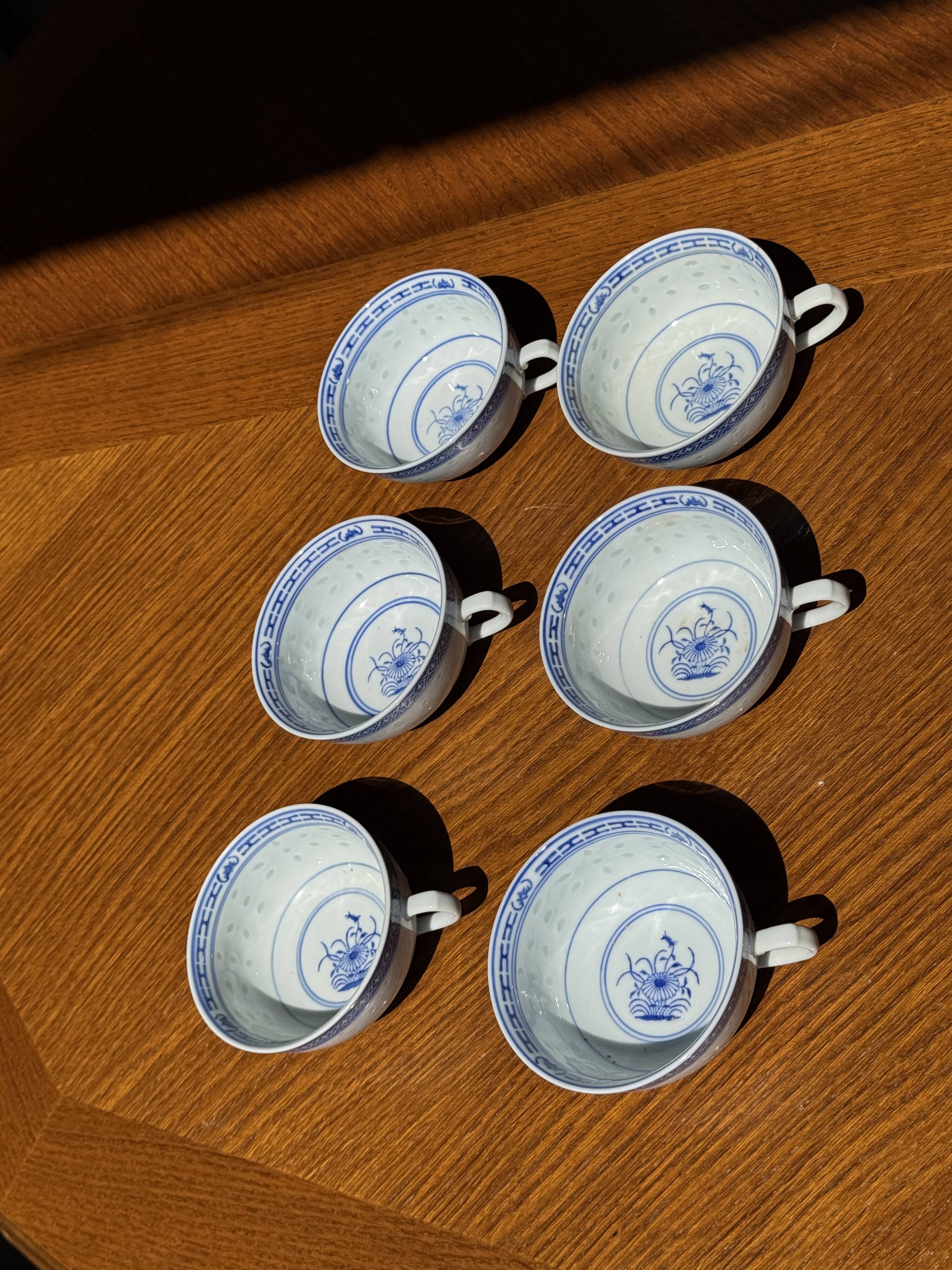 Small Chinese blue and white tea set for 6 cups and saucers.