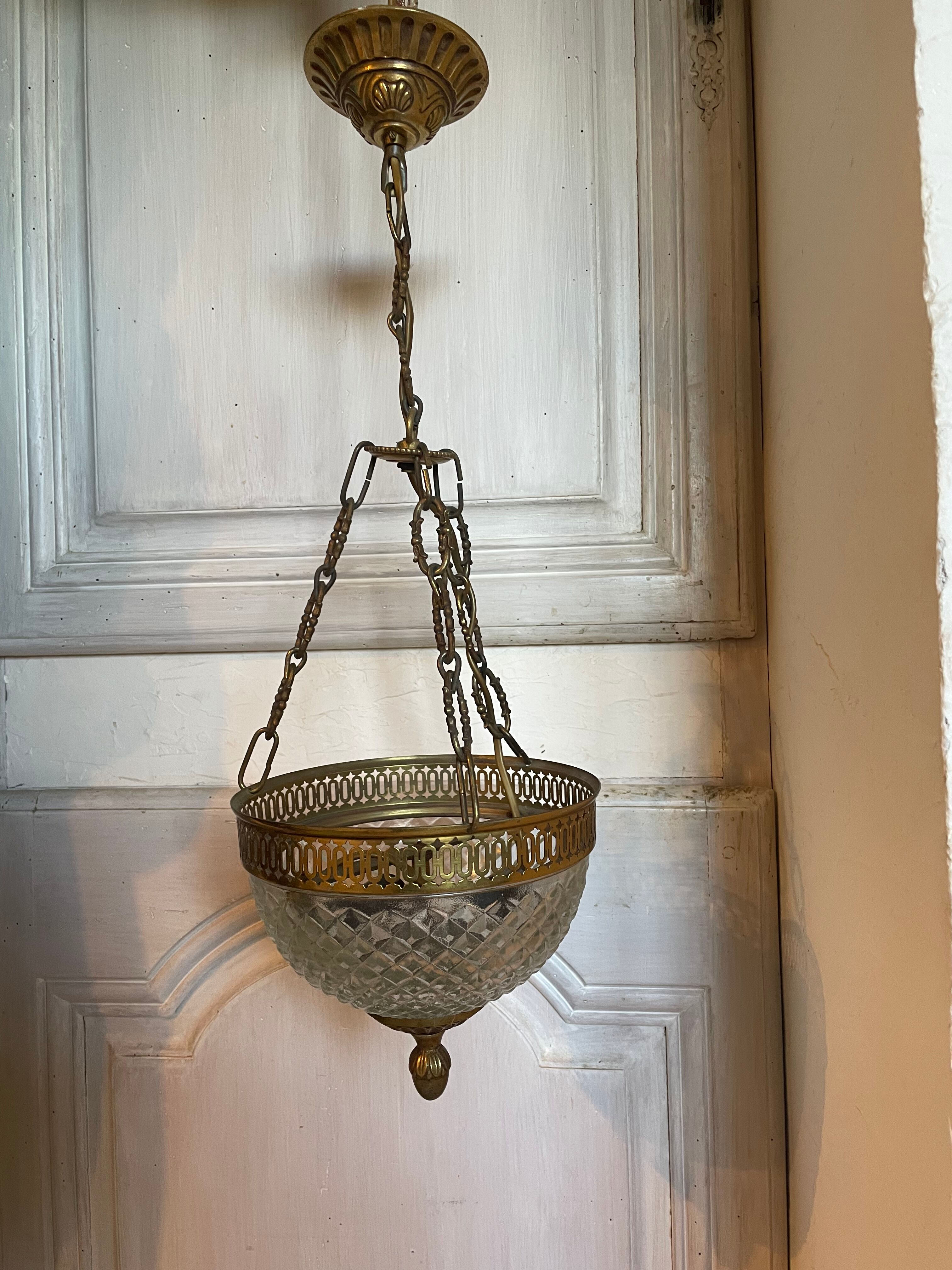 Suspension brass basket and glass vintage diamond tip