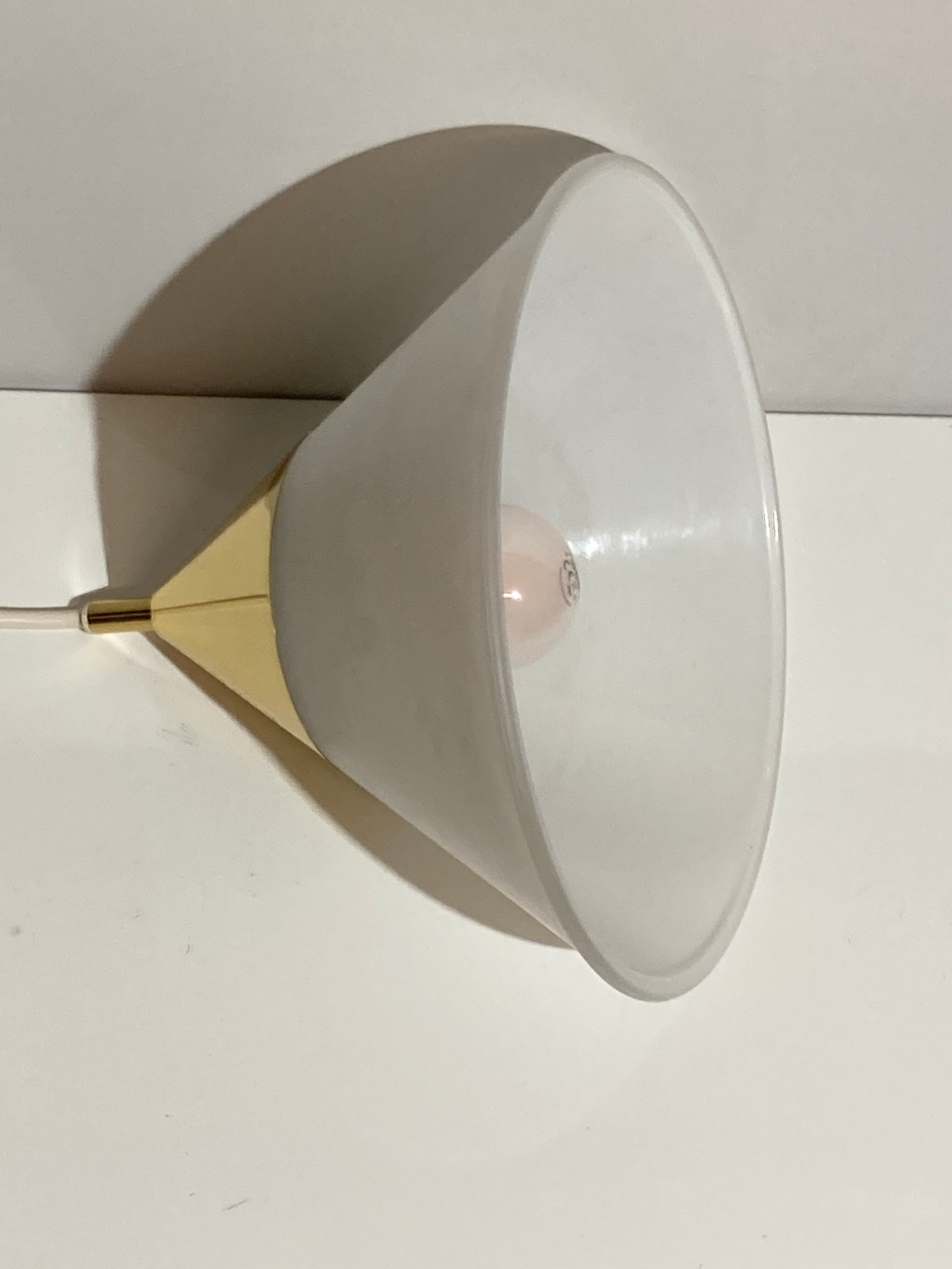 Brass and opal glass hanging space age lamp by Limburg Glashütte