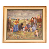 Peinture à l’huile moderniste suédoise originale « Paysage avec des gens » de Tage Rhodin (1899-1983). - Encadré