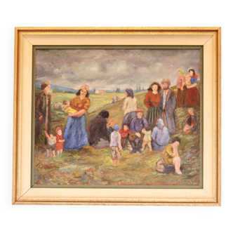 Original Swedish Modernist Oil Painting"Landscape With People" by Tage Rhodin (1899-1983). - Framed