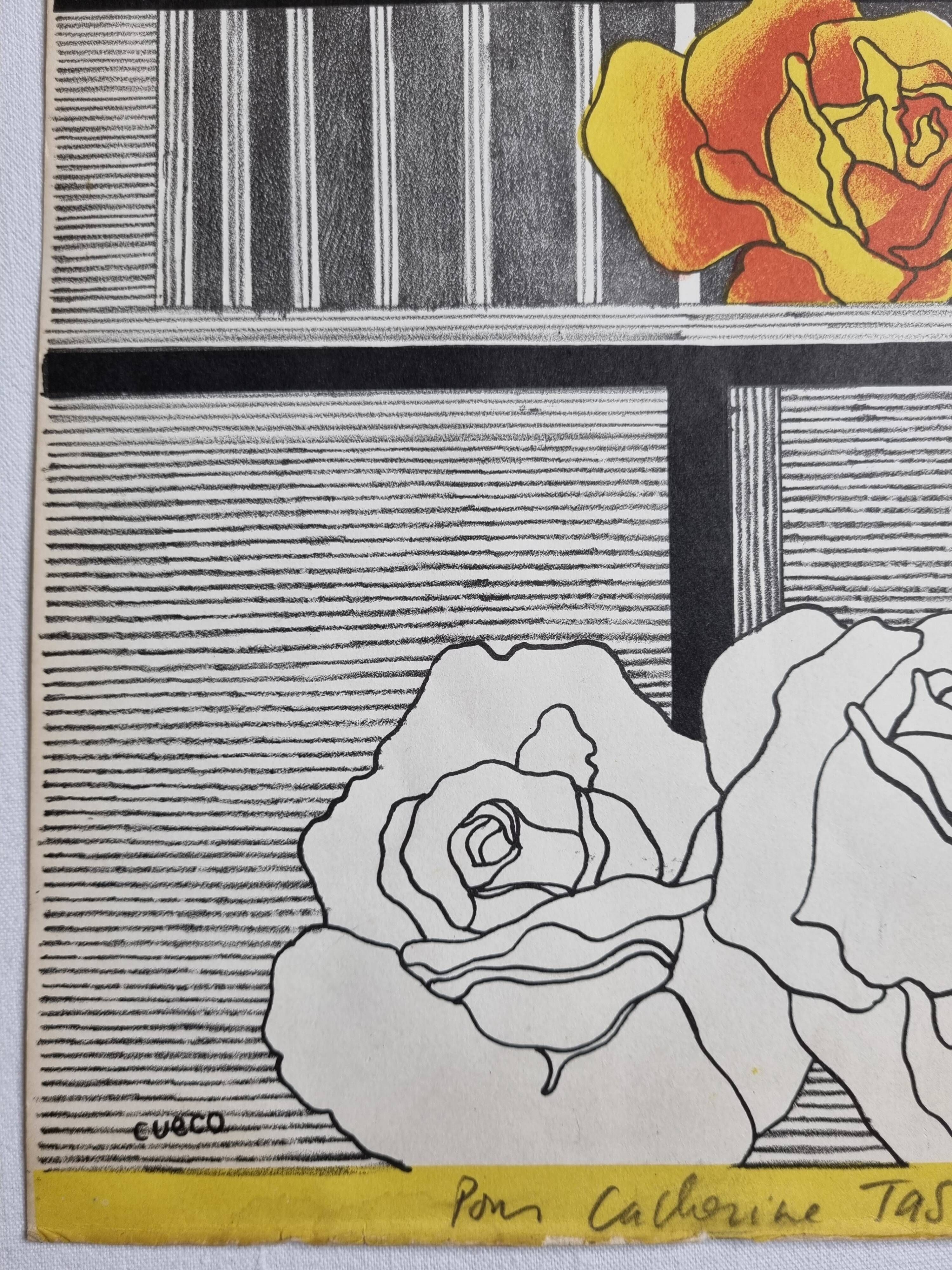 Original lithograph signed after Henri Cueco, "l'usinage des roses", 1969, 64 x 51 cm