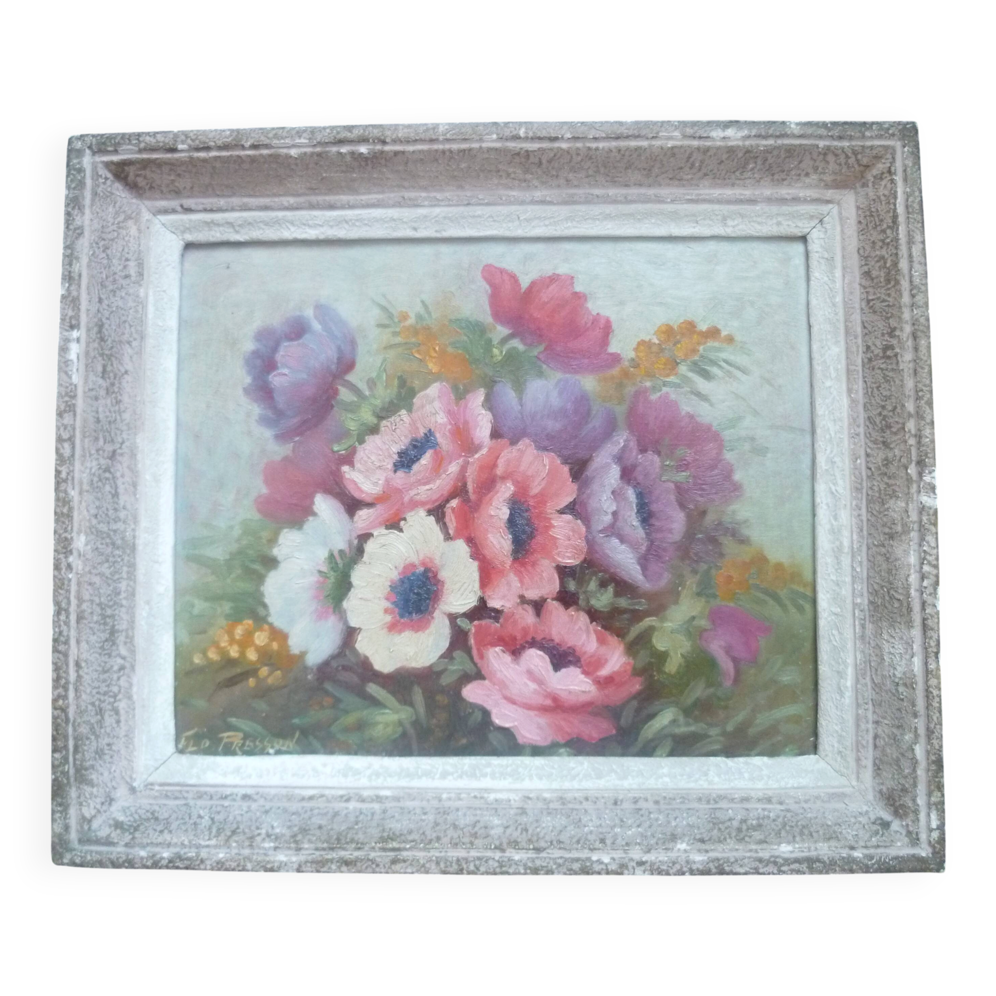 Framed floral painting signed Flo Presson, oil on panel by the painter Regi.