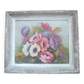 Framed floral painting signed Flo Presson, oil on panel by the painter Regi.