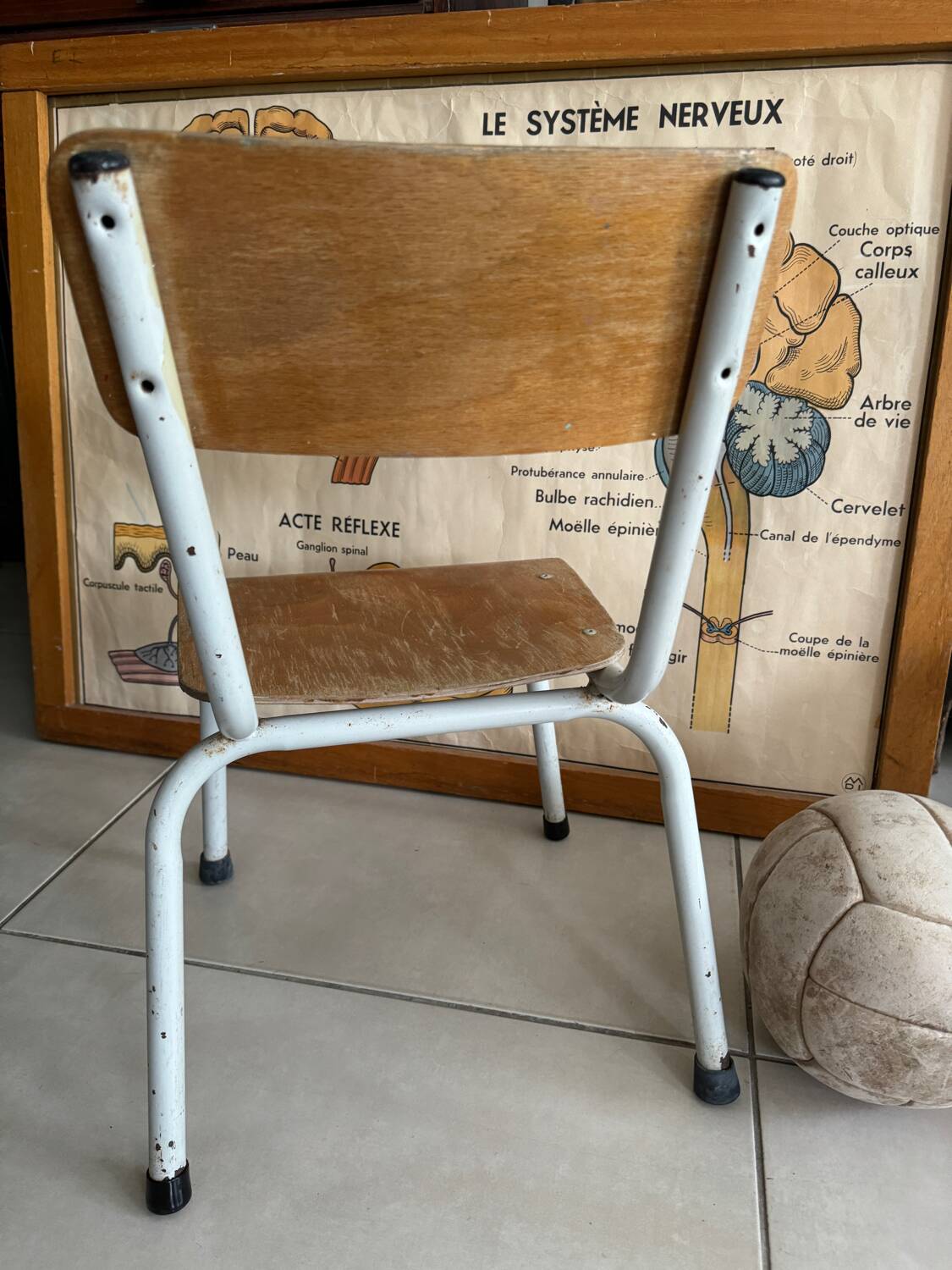 Old wooden and metal children's school chair