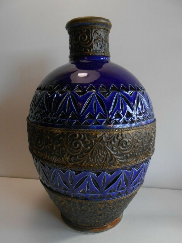 Pot vase terre cuite vernissée decor laiton