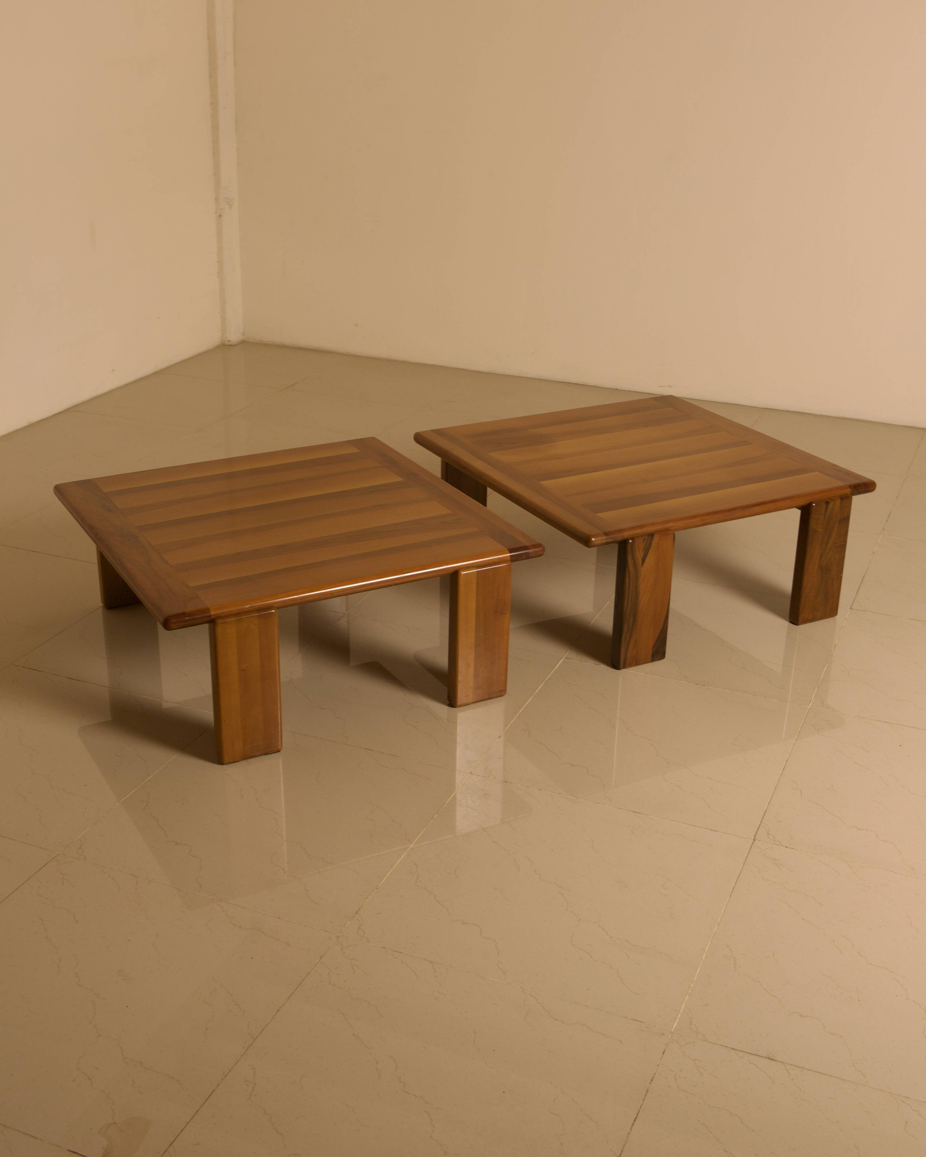 Pair of walnut coffee tables by Mario Marenco for Mobil Girgi 70's