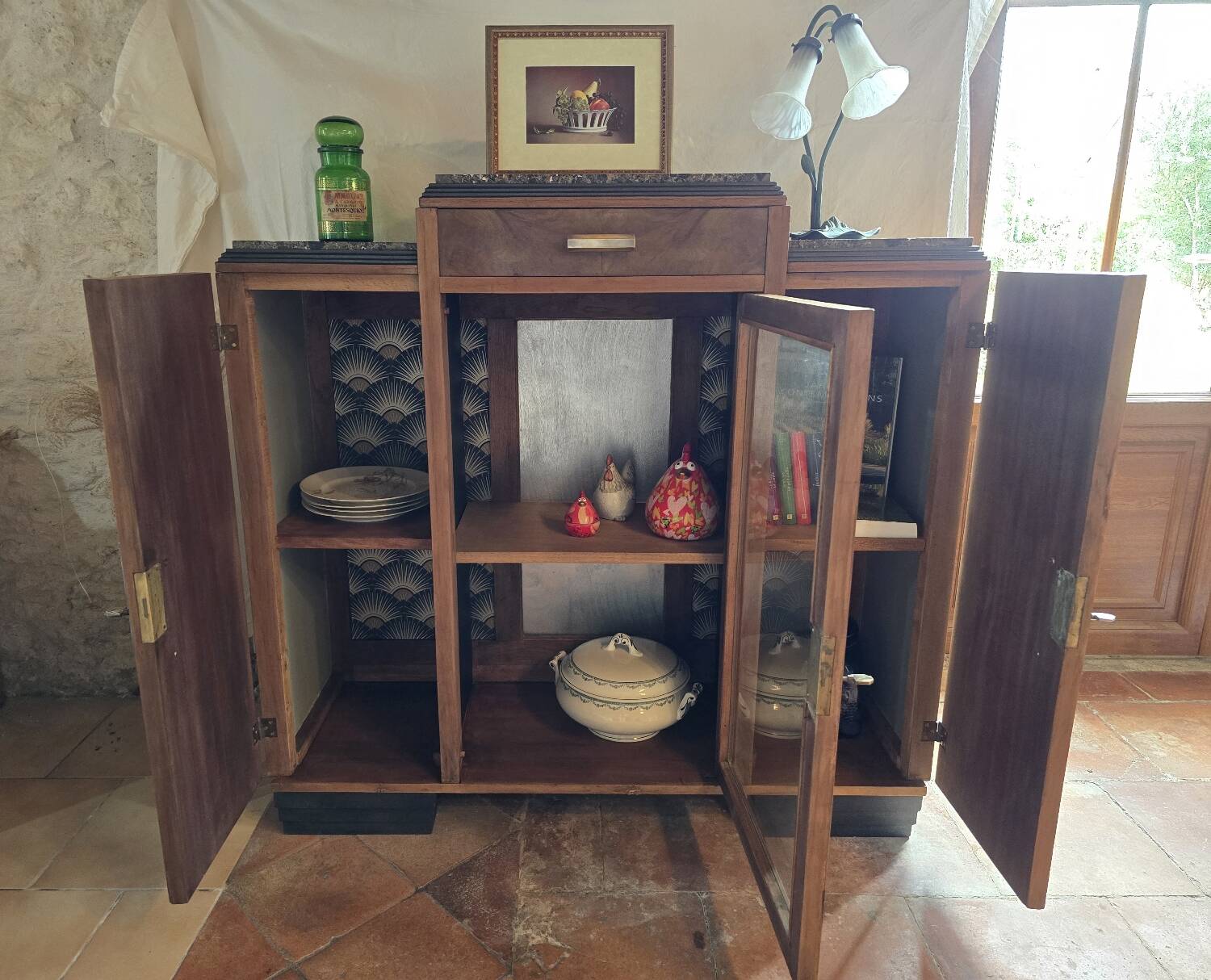 Buffet vitré Art déco en bois et marbre
