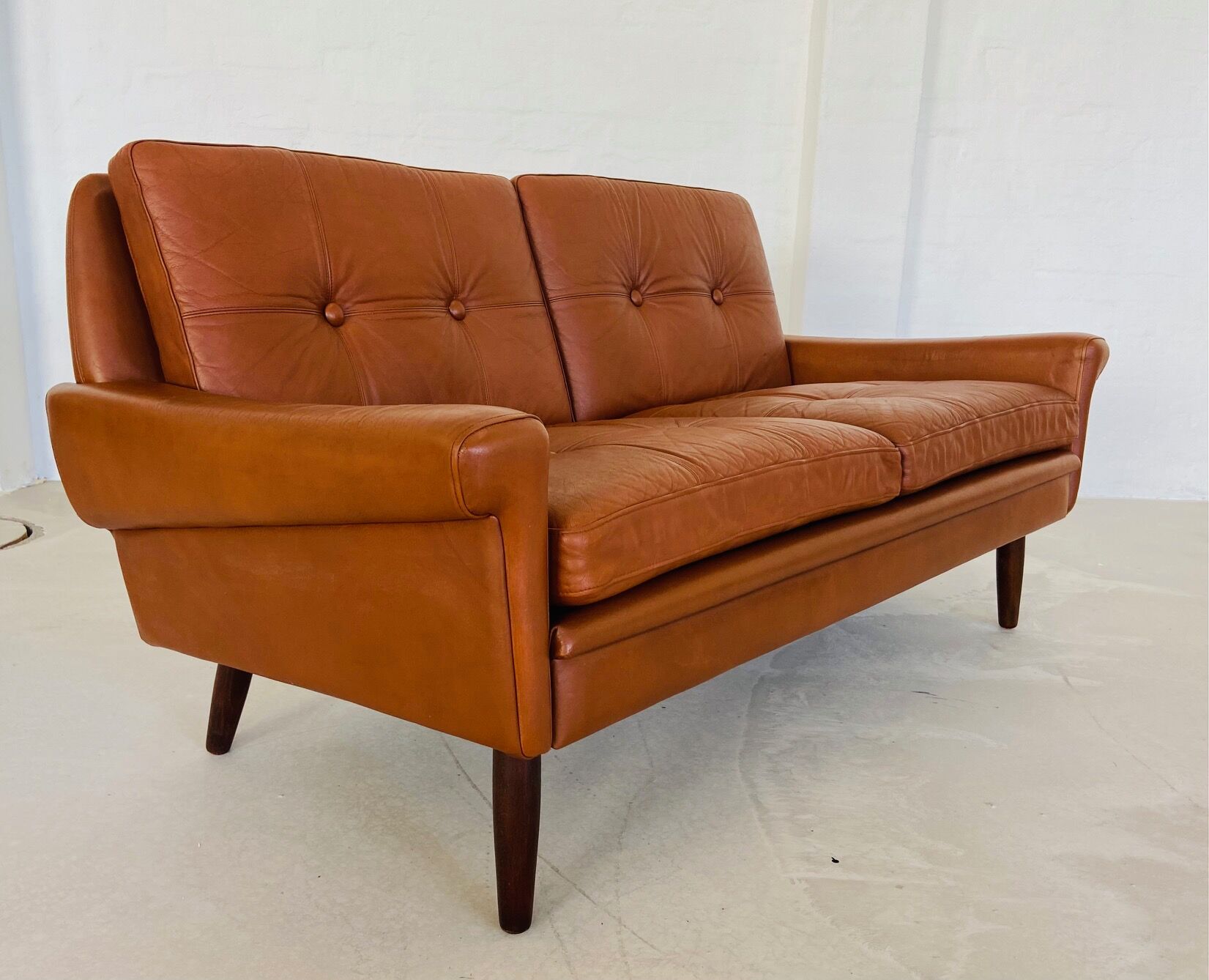 Vintage Danish mid-century Svend Skipper 2 person cognac leather sofa