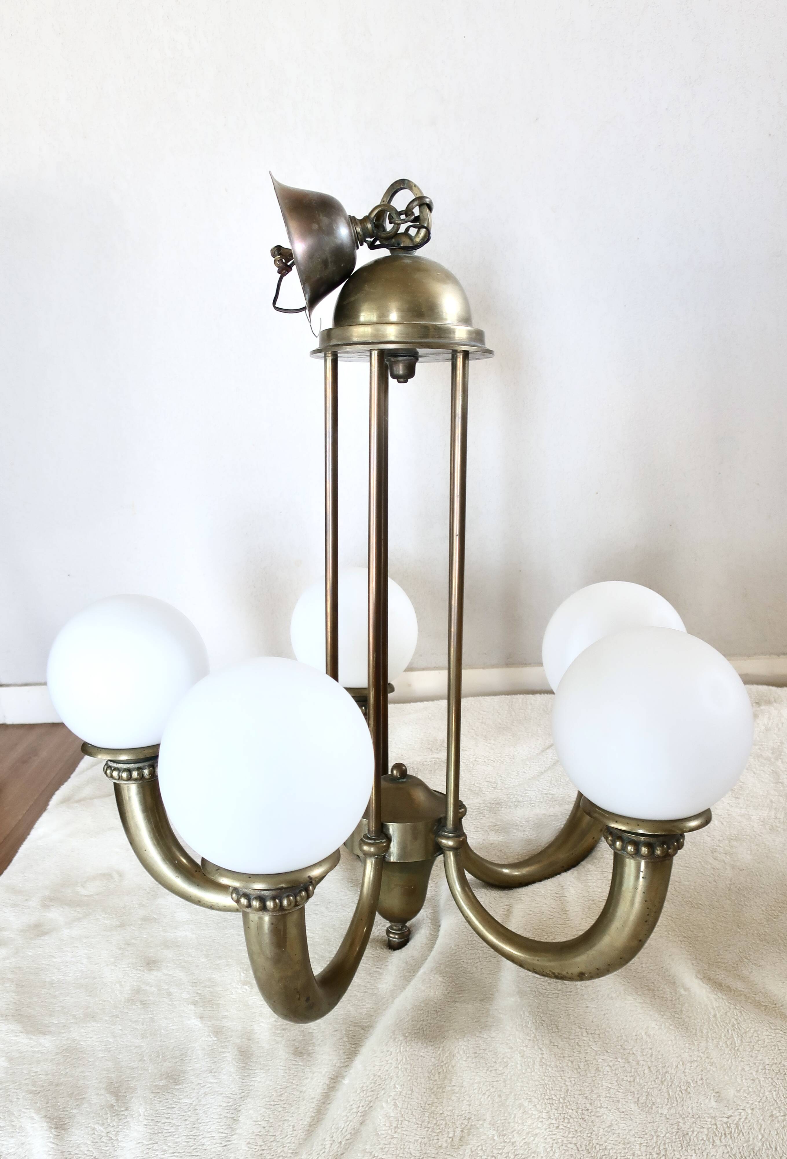 Art Deco chandelier in bronze and opaline by Jean Pascaud, 1940s.